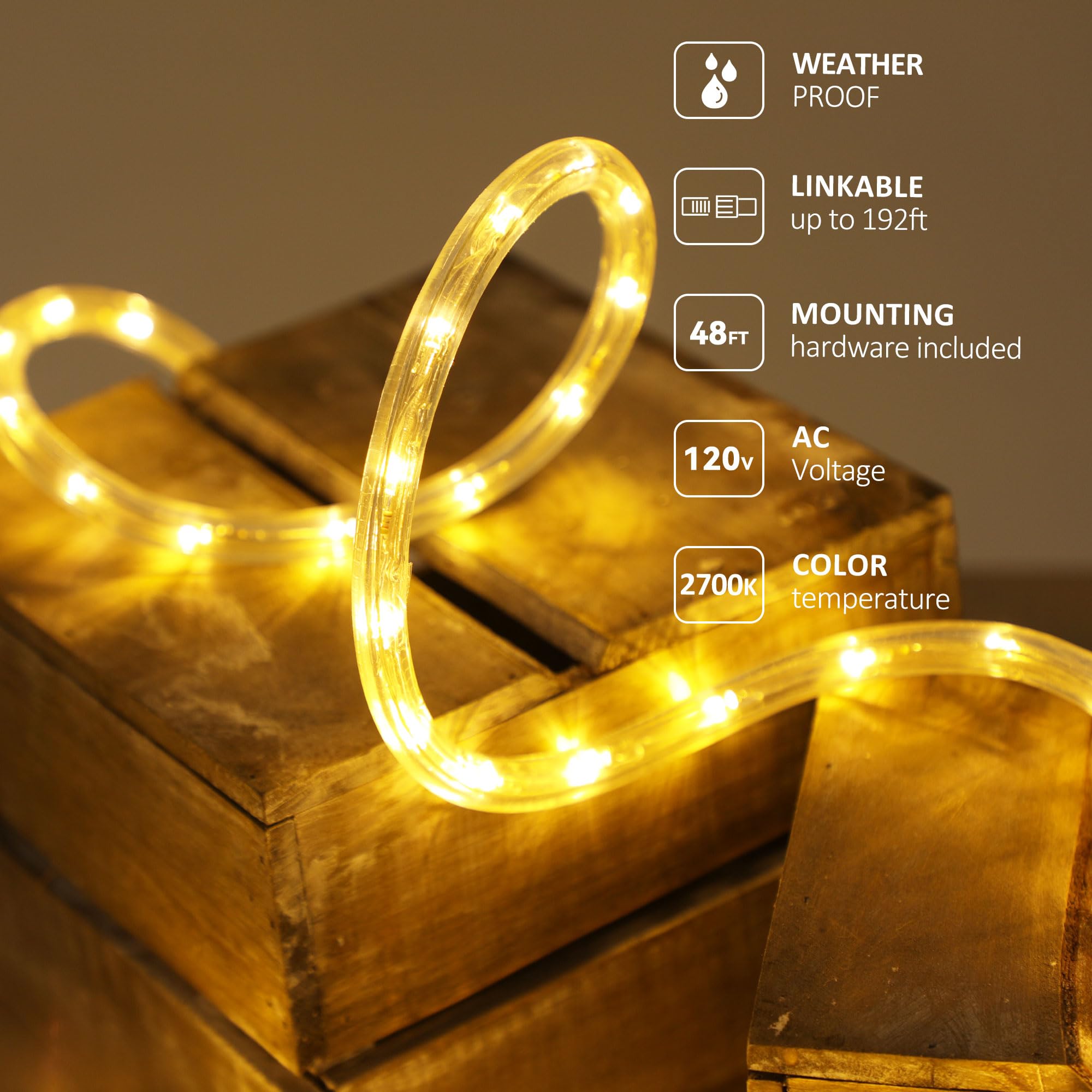 LED Light Rope, 48ft Waterproof Flexible Strip Lights, Indoor/ Outdoor, Connectable 2700K Warm White Landscape Tube Lighting for Bedroom, Home Decor, Garden, Patio, Porch, Yard, Deck, Party Holiday