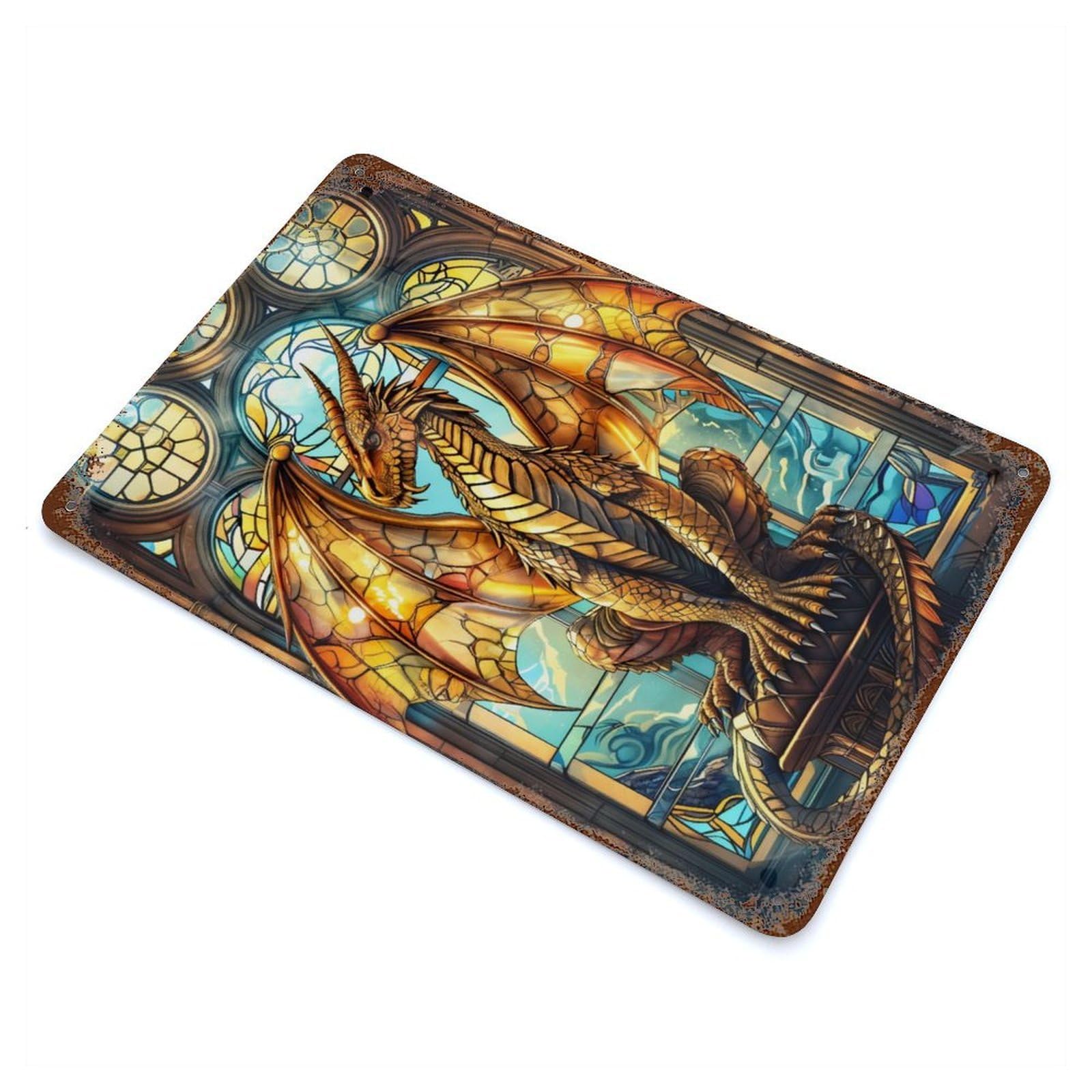 Gold Cathedral Dragon Rust Effect Tin Sign 11.8"x7.9", Ideal for Farmhouse, Kitchen And Entryway Decor