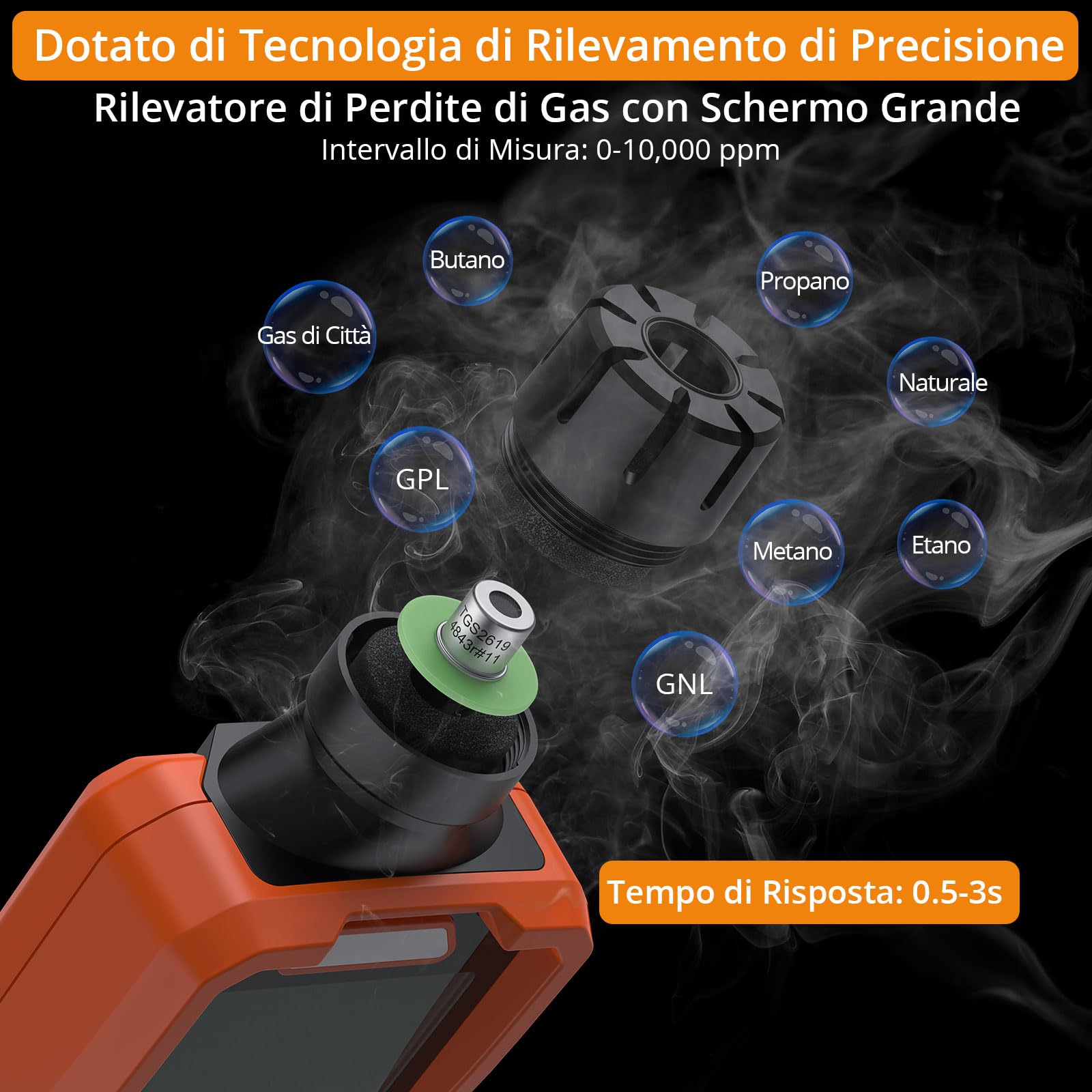 Neoteck Rilevatore di Fughe di Gas Portatile Ricaricabile Detector Gas Metano, GPL e Naturale (0-10000 ppm) con Display LCD 2.9", Allarme Sonoro+Luminoso e Torcia per Casa, Cucina, Officina, Camper