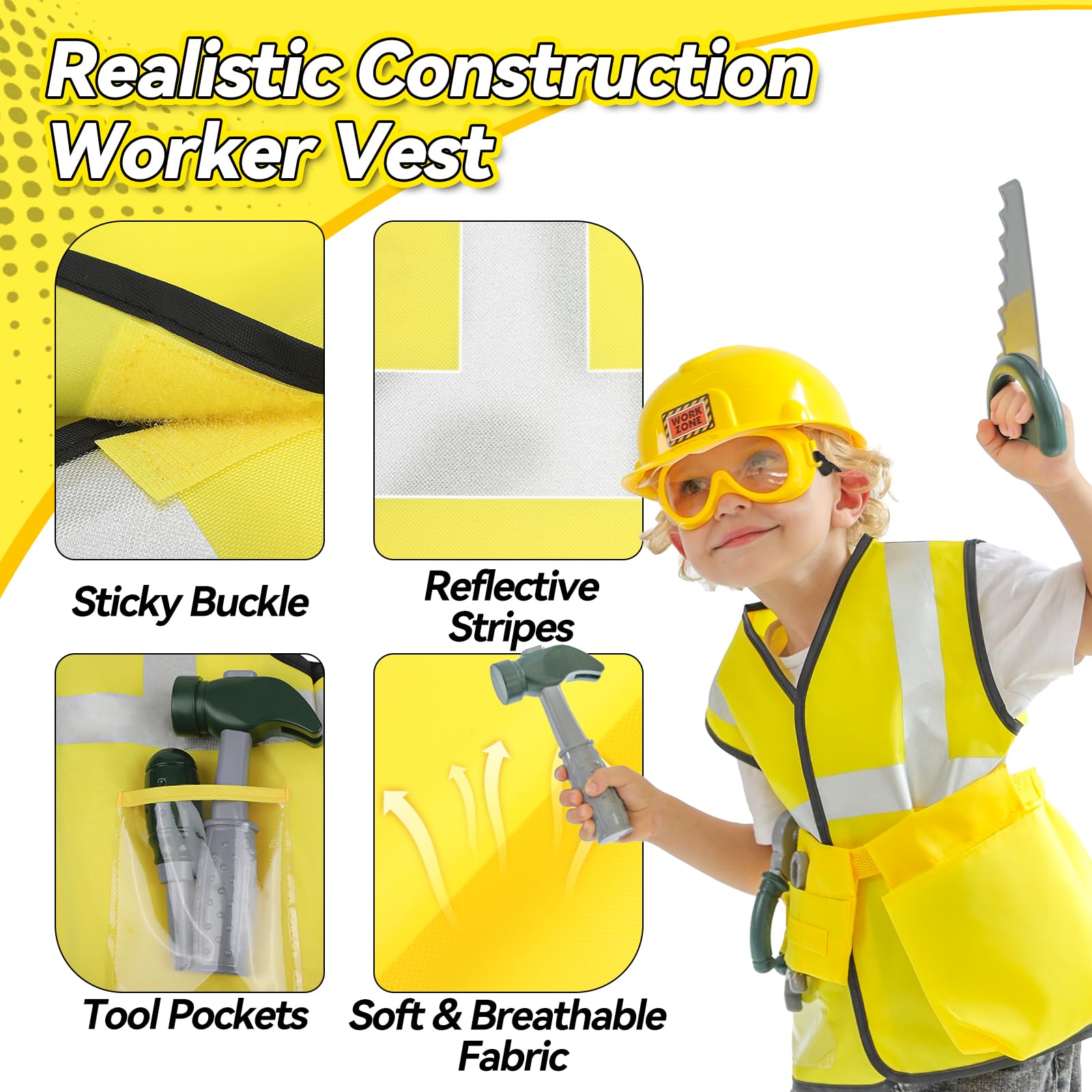 VENSEEN Tool Set for Kids Aged 3 4 5, Toddler Construction Pretend Toys with Worker Vest & Hat, Child Dress up Gift for Boys Girls