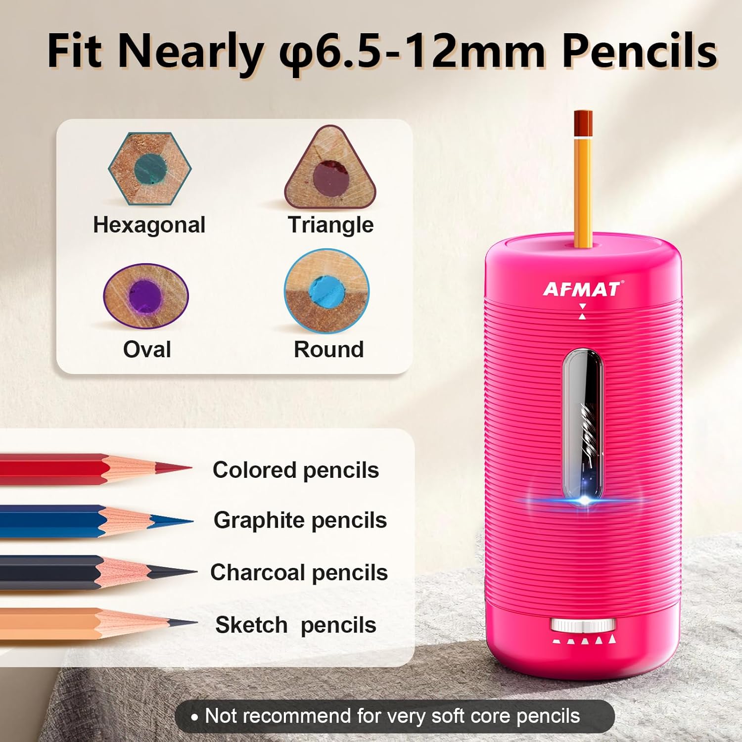 AFMAT Electric Pencil Sharpener, Fully Automatic Pencil Sharpener, Auto in & Out, Rechargeable Hands-Free Sharpeners for Jumbo & Colored Pencils (6.5-12mm), Portable for Home/Classroom/Office PSC2