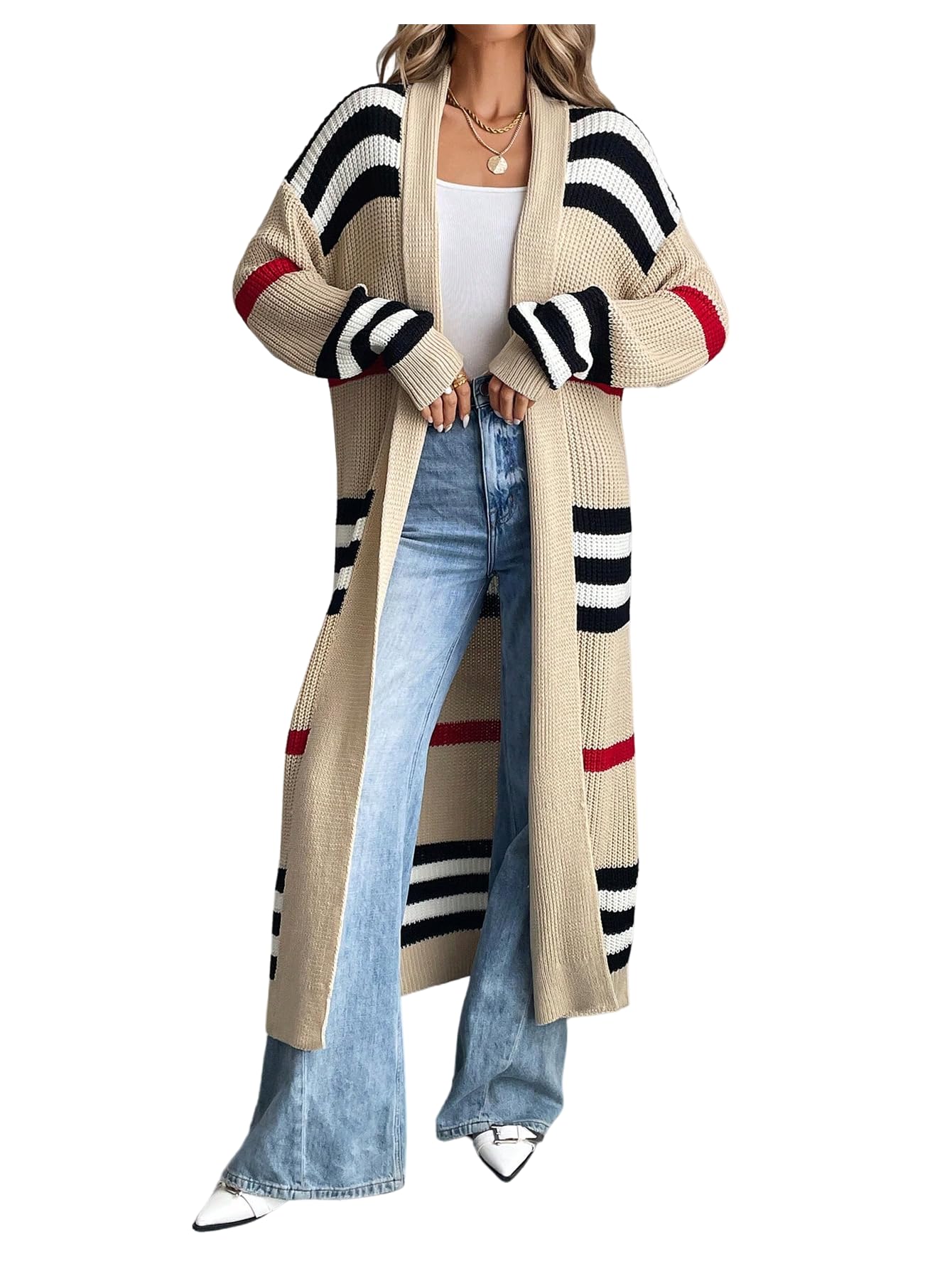 WDIRARA Womens Striped Open Front Long Cardigan Sweaters Colorblock Long Sleeve Knit Outerwear