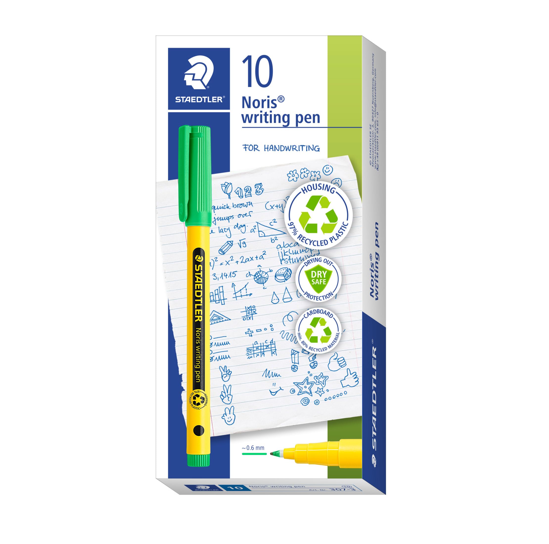STAEDTLER Noris - Handwriting Pen - Pale Green - Box of 10, 307-550, meadow green