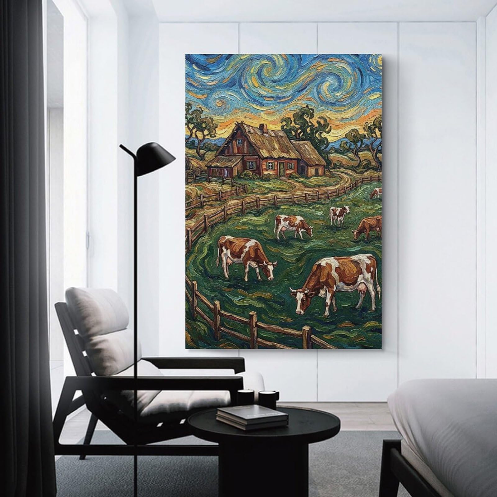 Junmoney Cows Grazing Near Farmhouse Painting Canvas Wall Decor 24x36inch(60x90cm), for Calm Bedrooms, Home Corners Or Flats, A Warm Accent for Relaxed Interiors