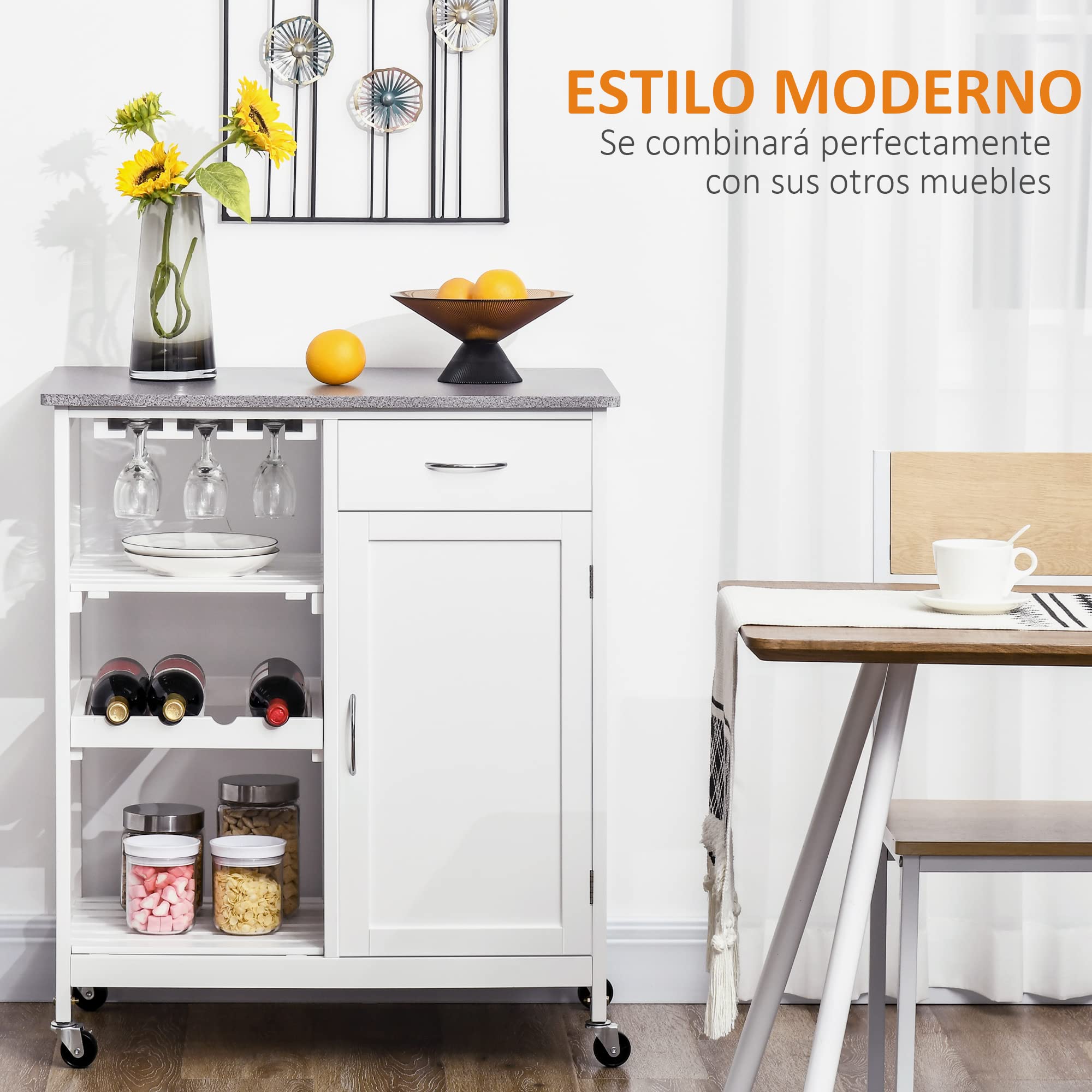 HOMCOM Carro de Cocina con Ruedas 1 Cajón Armario 40 kg 76x48x88 cm Blanco | Carrito de Servicio, Estantes Extraíbles, Botellero para 4 Botellas, para Comedor Salón
