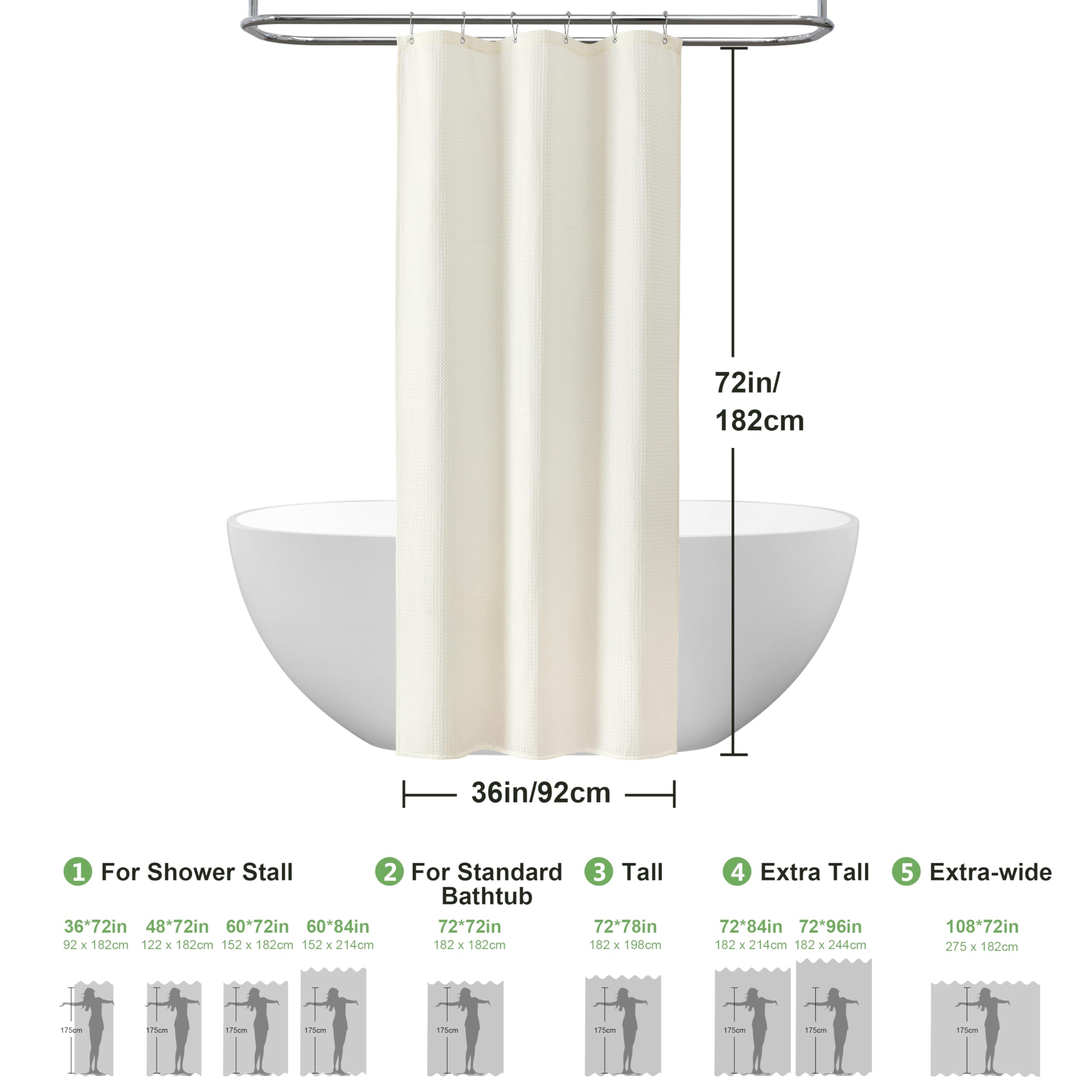 Tenda da Doccia per Bagno con Ganci in Metallo Tenda da Doccia in Tessuto Waffle Resistente per Vasca da Bagno, Resistente All'acqua - 92 x 182 cm (Crema)