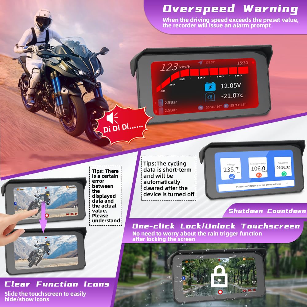 VSYSTO Dual 2K Wireless Carplay Motorrad Dashcam, 6,25 Zoll Touchscreen, 5G WLAN, Parküberwachung, Reifendrucküberwachung, Rückfahrmodus, GPS, kabelgebundener Controller, Temperaturanzeige (CS6)