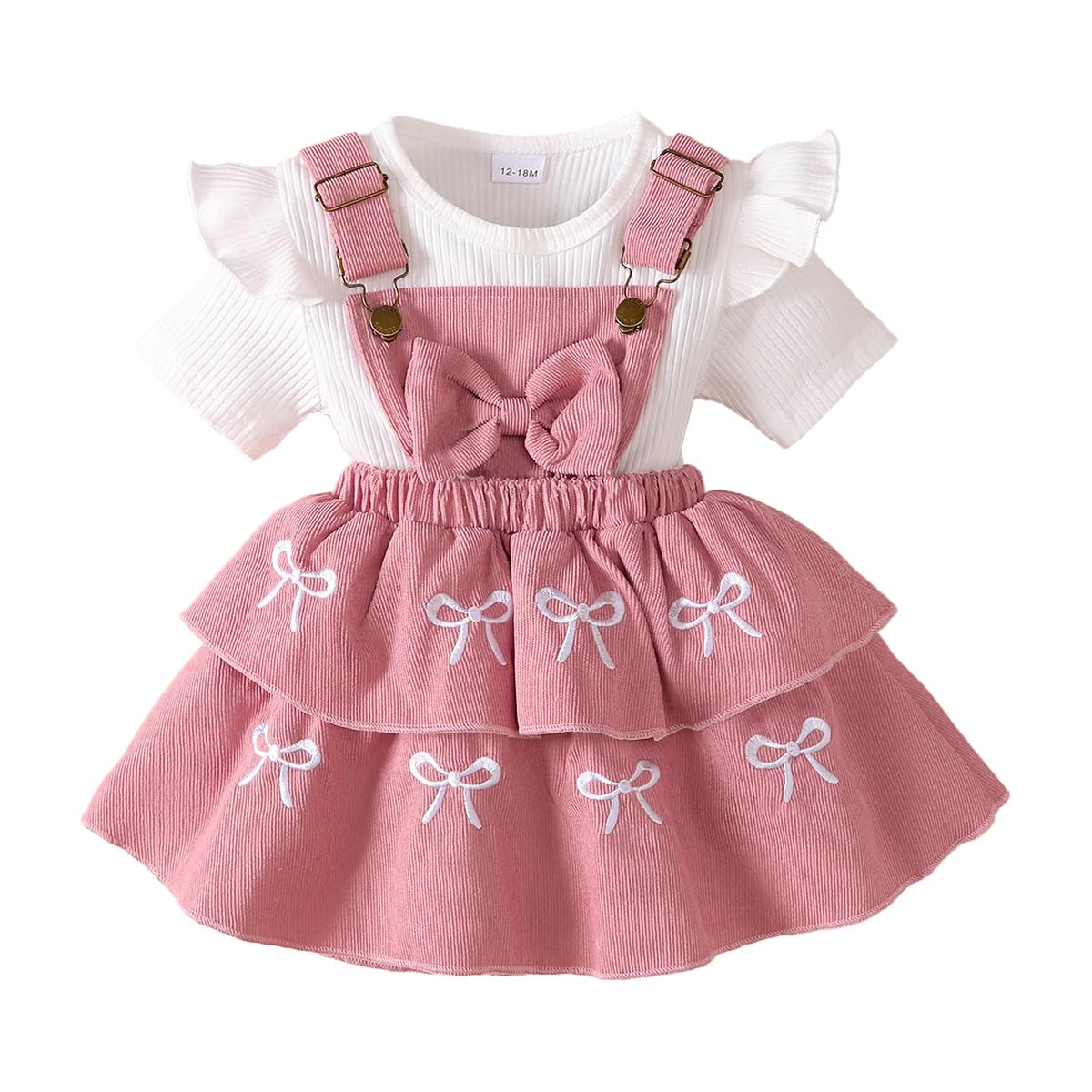 UUAISSO Kleinkind Baby Mädchen Kleidung Langarm Strick Rippenoberteile Schleife Cord Hosenträgerrock Kleid Outfits