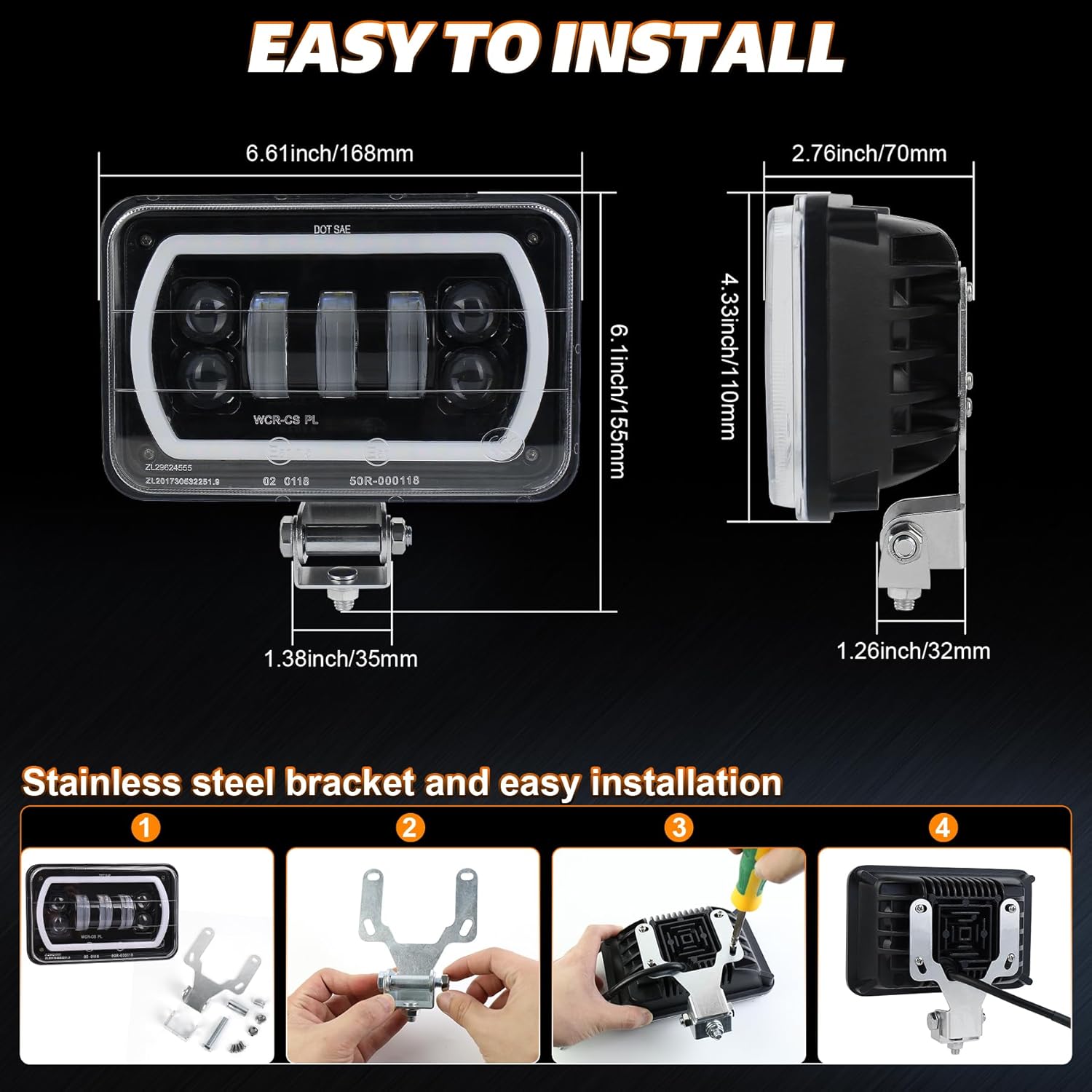 4x6'' LED Headlight with Mounting Bracket Hi/Lo Beam White&Amber Halo Off Road LED Driving Fog Light for Semi Truck Tractor Agriculture Engineering Vehicles ATV UTV 1PC