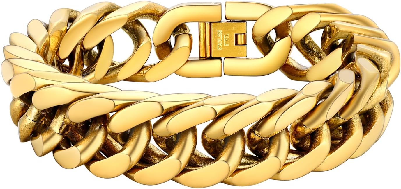PROSTEEL Stainless Steel Franco Chain Bracelet, Trendy Chunky Bracelets for Men Women, Black/18K Gold Plated, W: 8mm/12mm/17mm, L: 7.5"/8.3"/9", Come Box