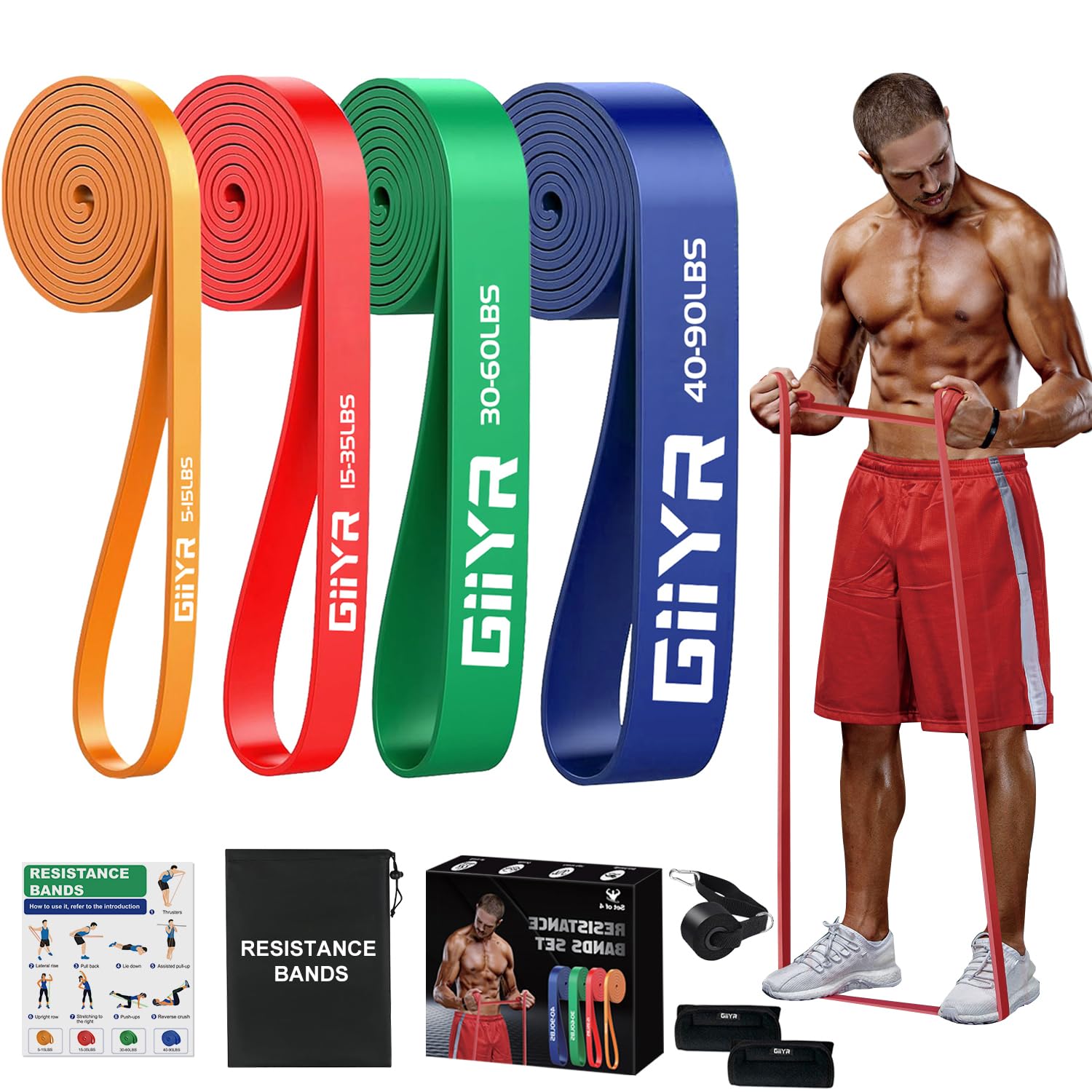 Giiyr Resistance Bands Set for Men & Women - 4 Levels Exercise Band with Door Anchor, Pull Up Bands for Strength Training, Stretching, Powerlifting,