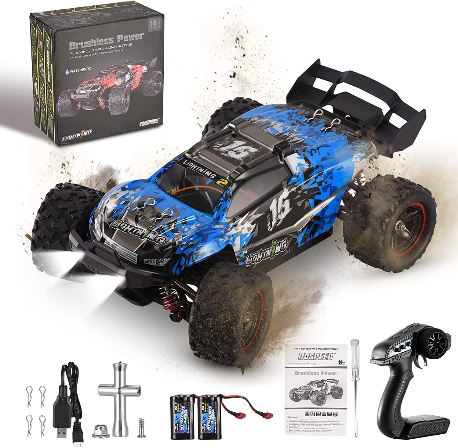 Lischwert Coche teledirigido,1:18 Motor sin escobillas 60 km/h, camión Monster RC 4WD de 2,4 GHz, Coche RC con 2 baterías Recargables Durante 40 min