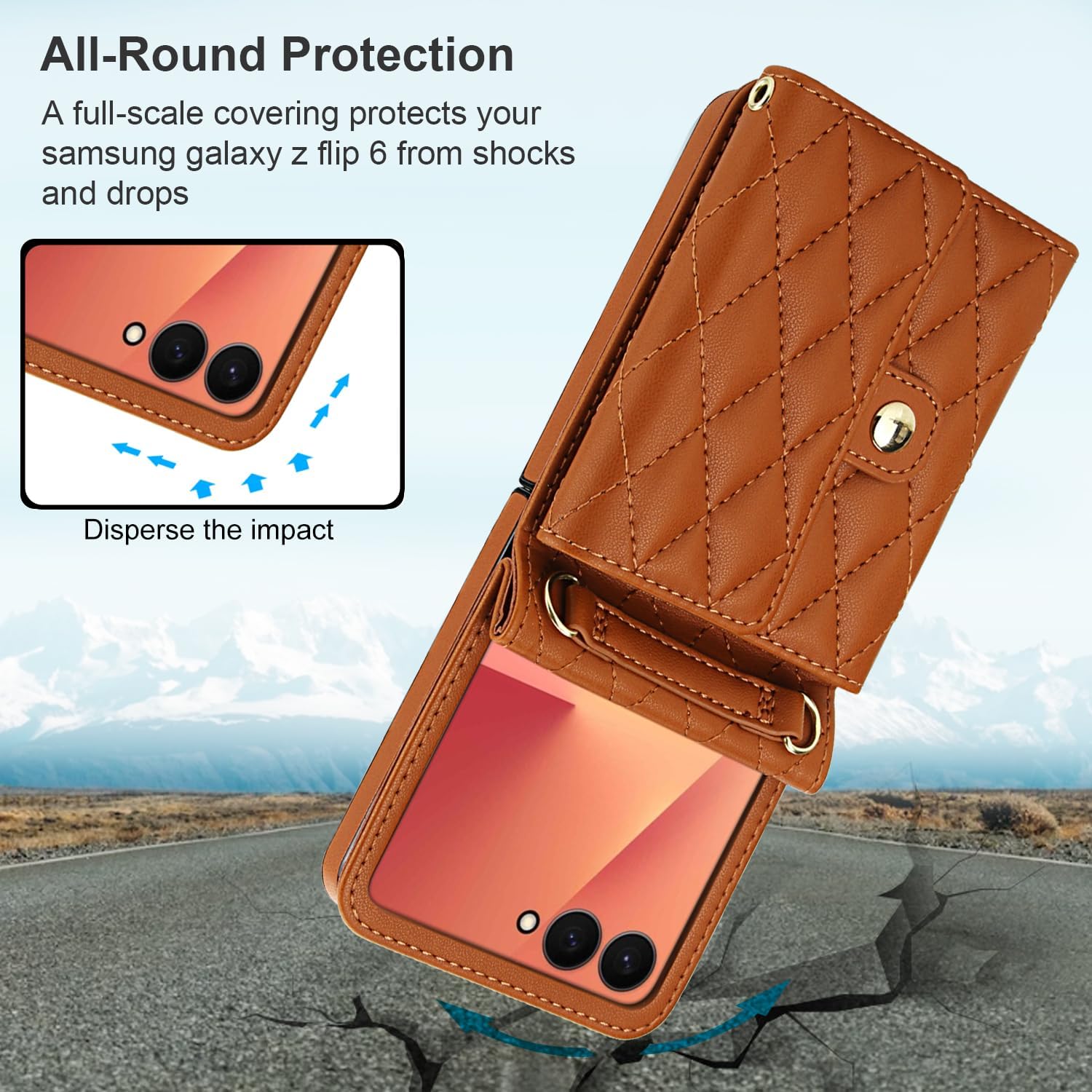 KIHUWEY for Samsung Galaxy Z Flip 7 Wallet Case, Crossbody Purse with Credit Card Slot Holder RFID Blocking PU Leather Adjustable Lanyard Detachable Strap Wrist for Women (Brown)