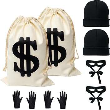 Robber Costume Set,thief burglar costumeinclude robber mask Money bag knitted hat gloves for playing cops and robbers,burglar mask Halloween costume bank robber costume kids adult