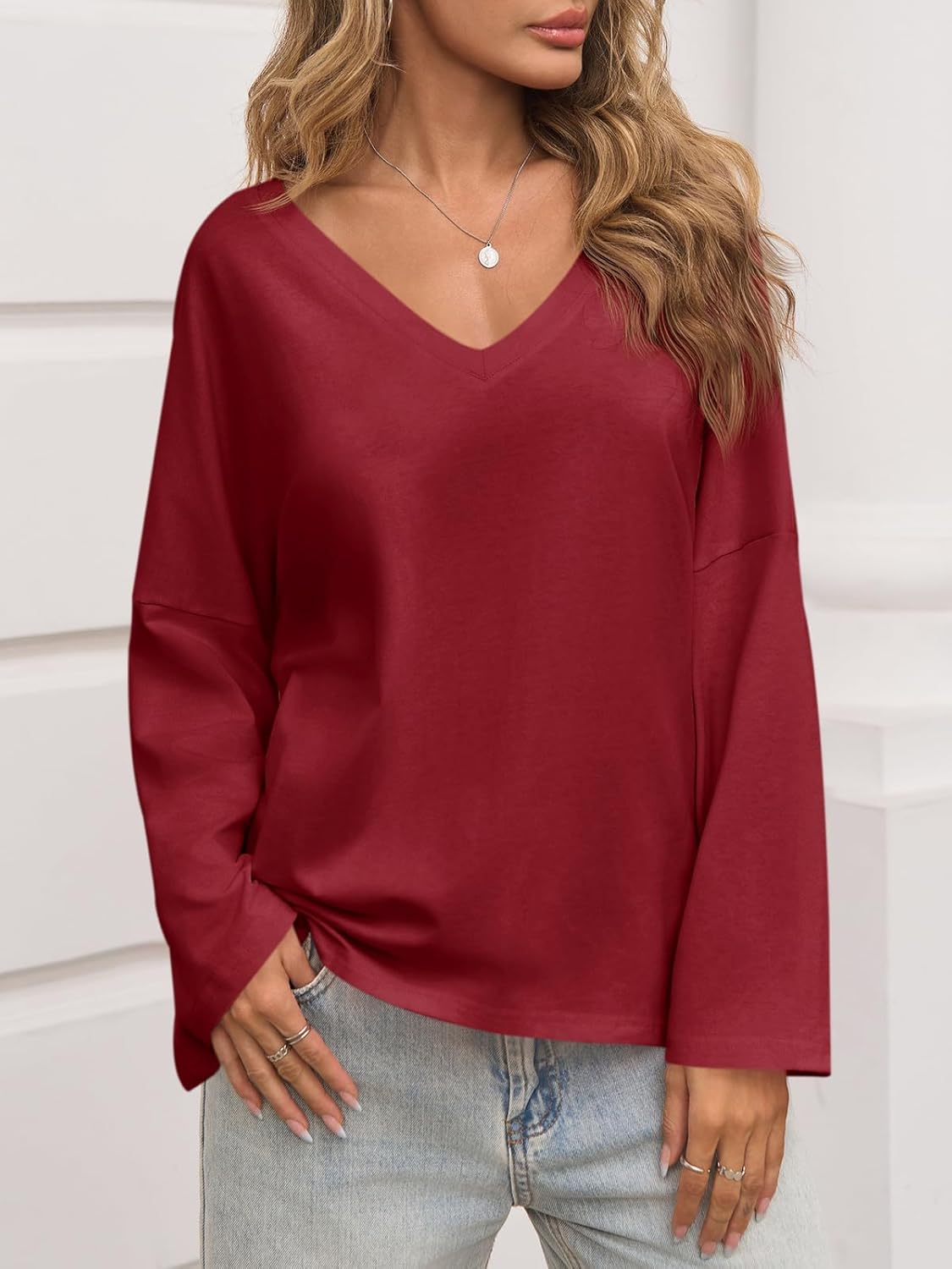 Tankaneo Womens Oversized T Shirts Casual V Neck Batwing Long Sleeve Shirts Loose Fit Tunic Tops - Image 2