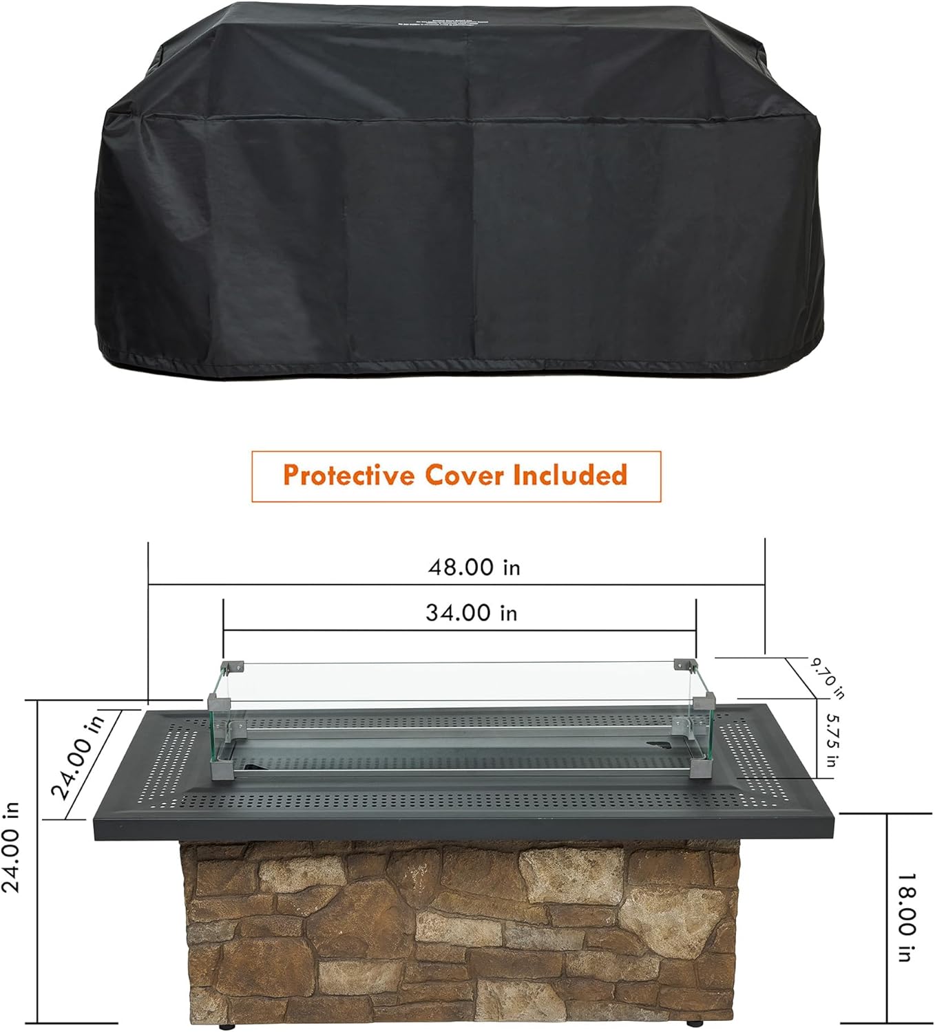 48-Inch Propane Fire Table with Natural Gas Conversion Kit, 50,000 BTU Gas Fire Pit Table, Faux Stack Stone Texture Outdoor Fireplace with Wind Glass Shield, Lava Rocks, Lid & Cover