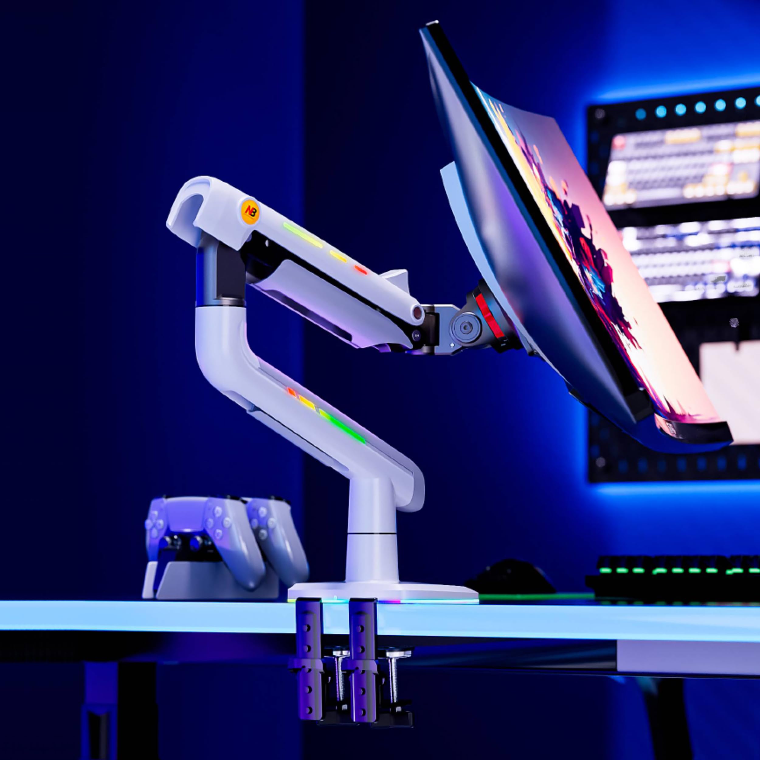 NB Ergonomic RGB Braccio Monitor per da 32 a 60 Pollici Schermo Piatti Ultrawide Curvi, Supporto per Monitor Resistente Carico fino a 20 kg VESA 75&100 mm (Bianco)