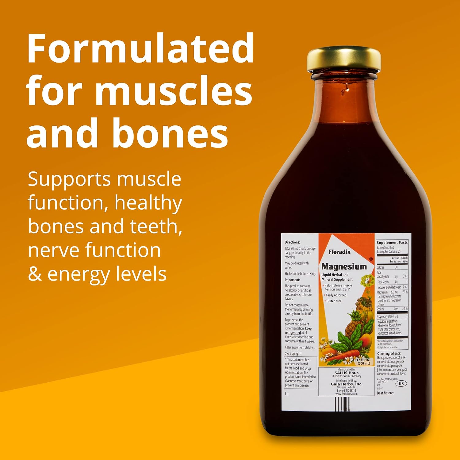 Floradix, Magnesium Vegetarian Liquid Supplement for Muscle and Bone Support
