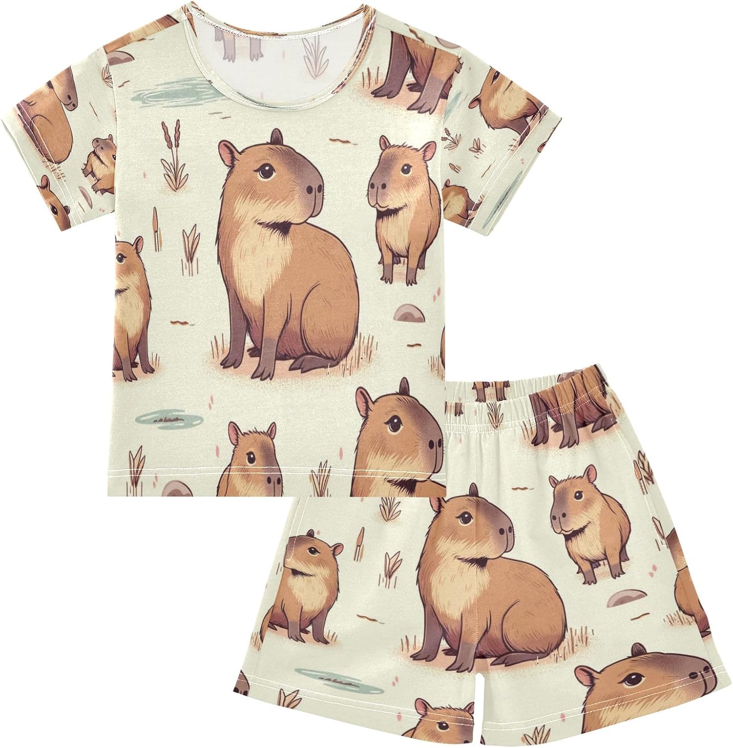 senya Cute Capybara Swimming Summer Pajamas Set Orange Short Cotton Sleepwear 2 Piece