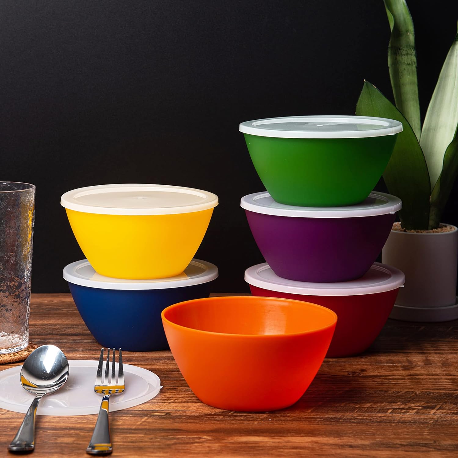 KX-WARE Plastic Bowls with Lids set of 6 - Unbreakable and Reusable 6-inch Plastic Cereal/Soup/Salad Bowls Multicolor, Microwave/Dishwasher Safe, BPA Free - Image 4