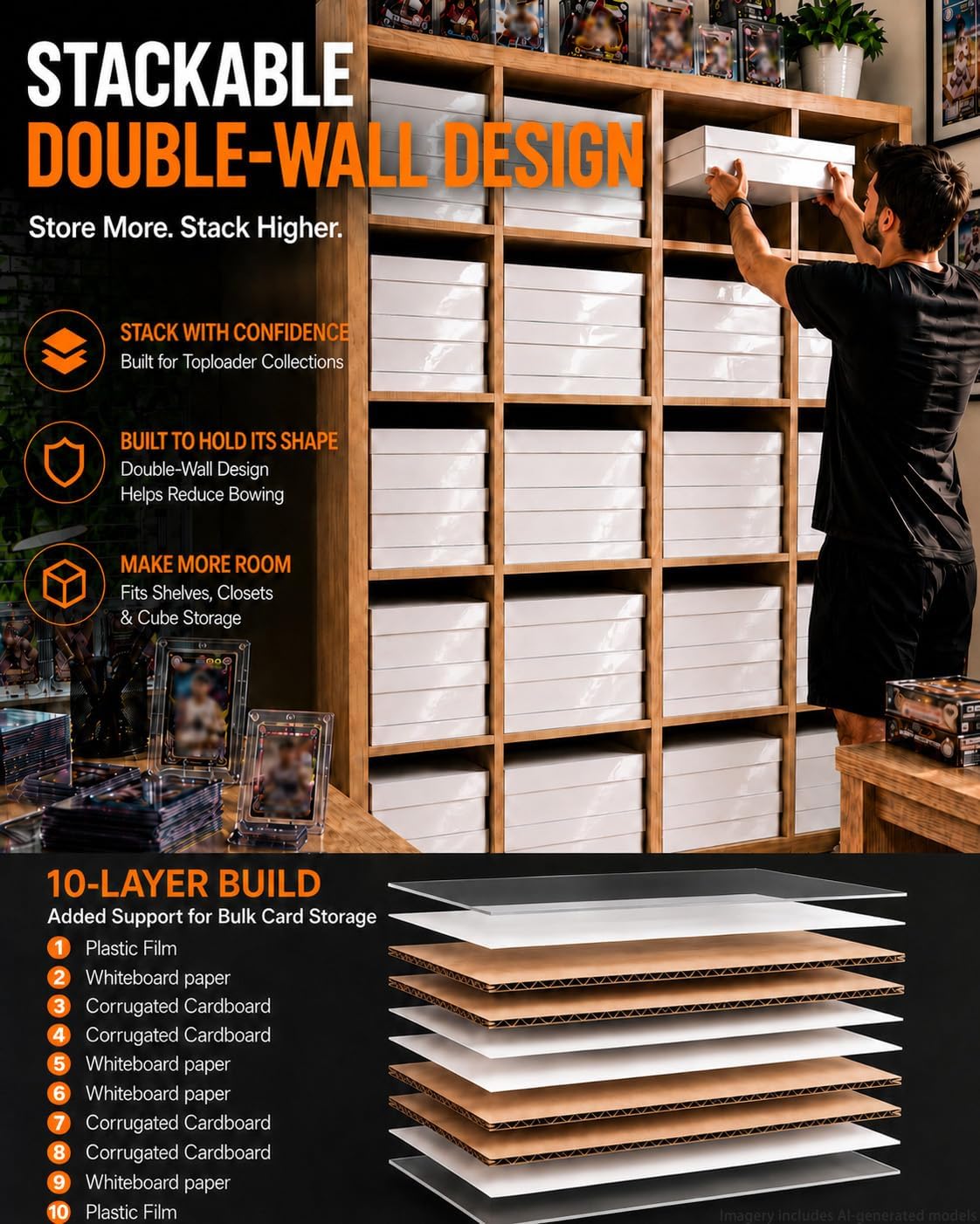 3 Pack 4 Row Trading Card Storage Box with Dividers, Fits 700+ Toploaders or 3800+ TCG Cards, Heavy Duty Double Wall Cardboard Card Storage Box for Bulk Card Storage,Sports,MTG&PKM Card Storage