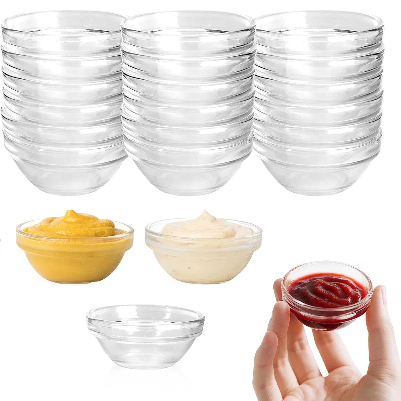 Plumaire 10 Pcs Mini Glass Bowls, 45ml 2.4in Small Glass Bowls, Dip Bowls, Dipping Bowls, Small Bowls for Dips, Sauce Dish for Condiments, Spices & Cooking Prep, Dishwasher Safe