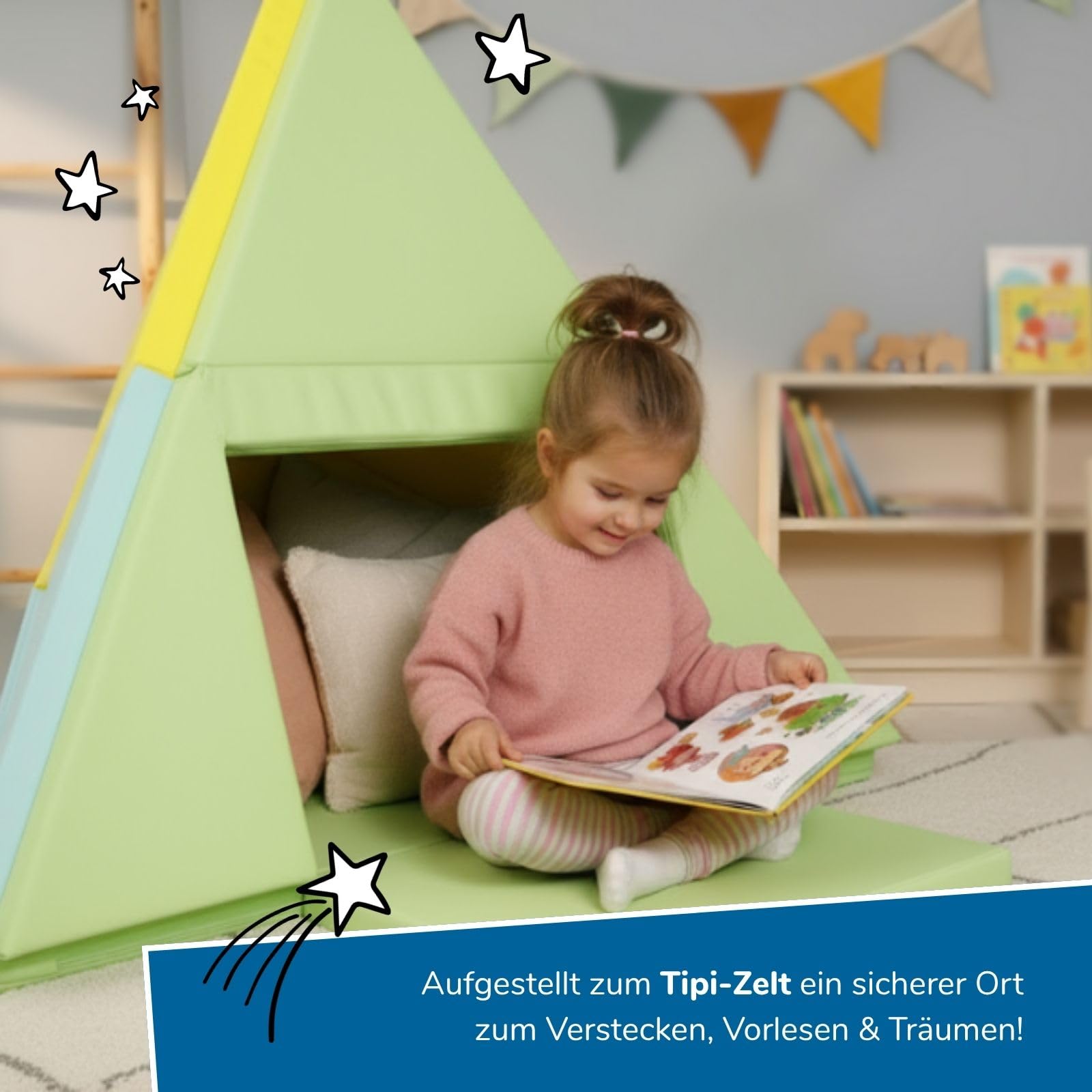 alldoro Faltbare Spielmatte 3-in-1, Krabbelunterlage, Tipi-Zelt & Spielboot | abwaschbares Kunstleder, weich gepolstert, 182 x 105 cm, Krabbelunterlage, Tipi-Zelt & Spielboot, Für Kinder ab 0 Jahren