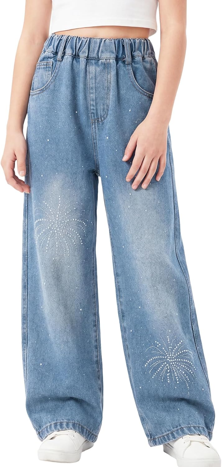 Happy Cherry Baggy Jeans for Girls Wide Leg High Elastic Waisted Denim Pants Summer Trousers