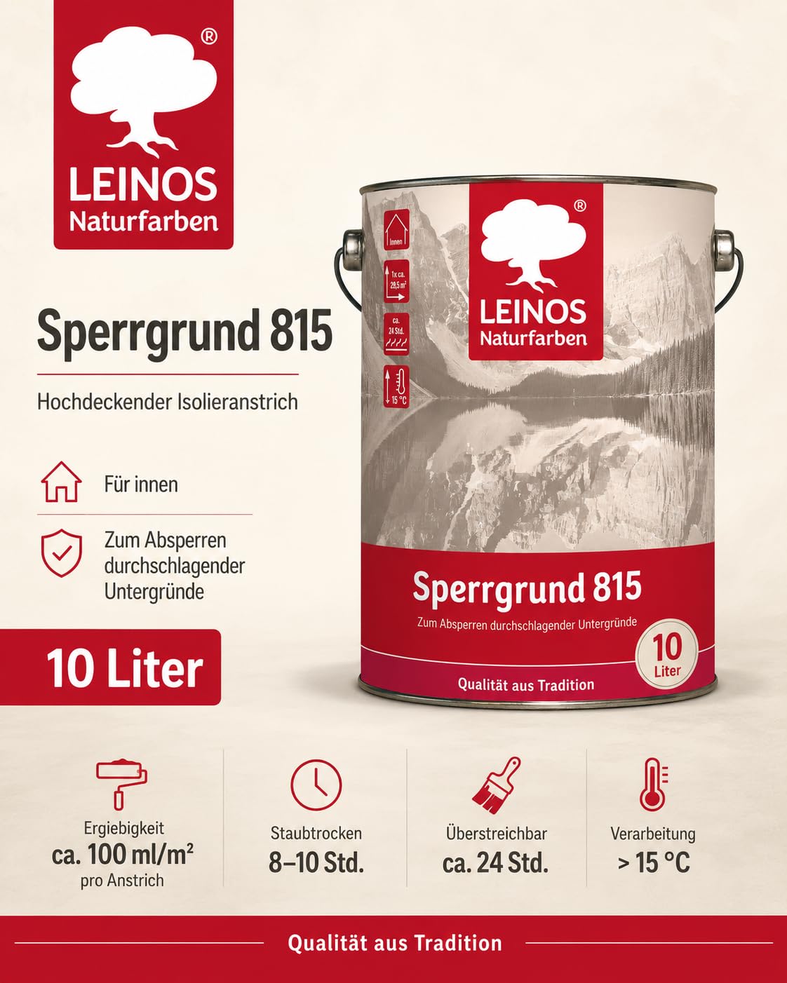 LEINOS 815 Sperrgrund 10 Liter | Hochdeckend: Erzeugt einen weißen, leicht rauen Untergrund, der für nachfolgende Anstriche gute Haftung bietet