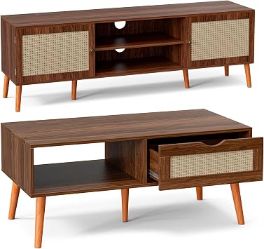 ZttRiee Rattan-Door TV Stand & Coffee Table Set, Entertainment Center for TVs up to 65, Dining Table with Drawer for Living Room, Walnut