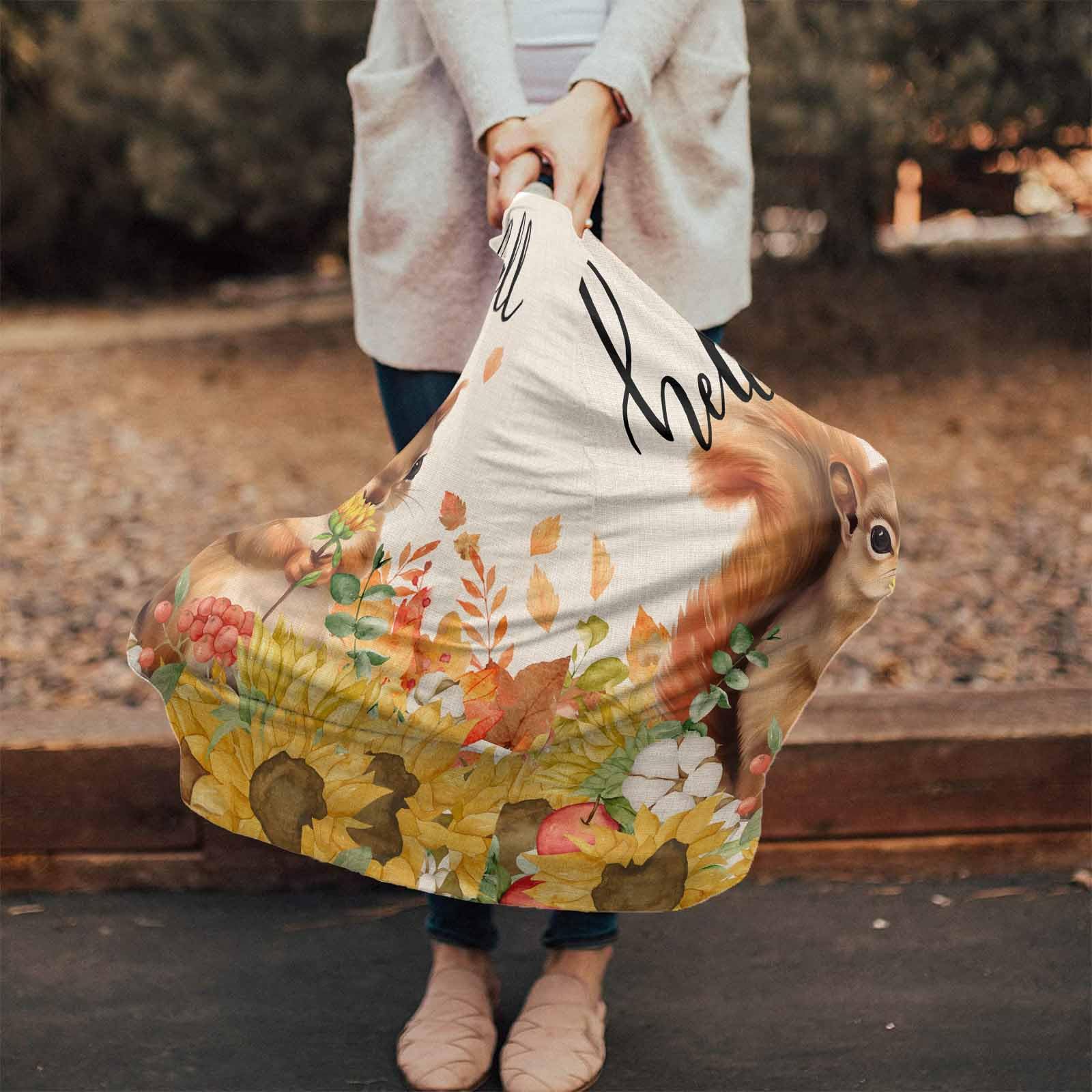 Nursing Cover for Breastfeeding Scarf, Fall Hand Drawn Squirrel Flowers Sunflower Baby Car Covers Super Soft Multi Use for Canopy Shopping Cart Cover Blanket Stroller Cover