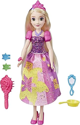 Disney Princess Be, Bright Be Bold Rapunzel - Muñeca de moda, colores brillantes y llamativo diseño gráfico de vestido, con cepillo y accesorios