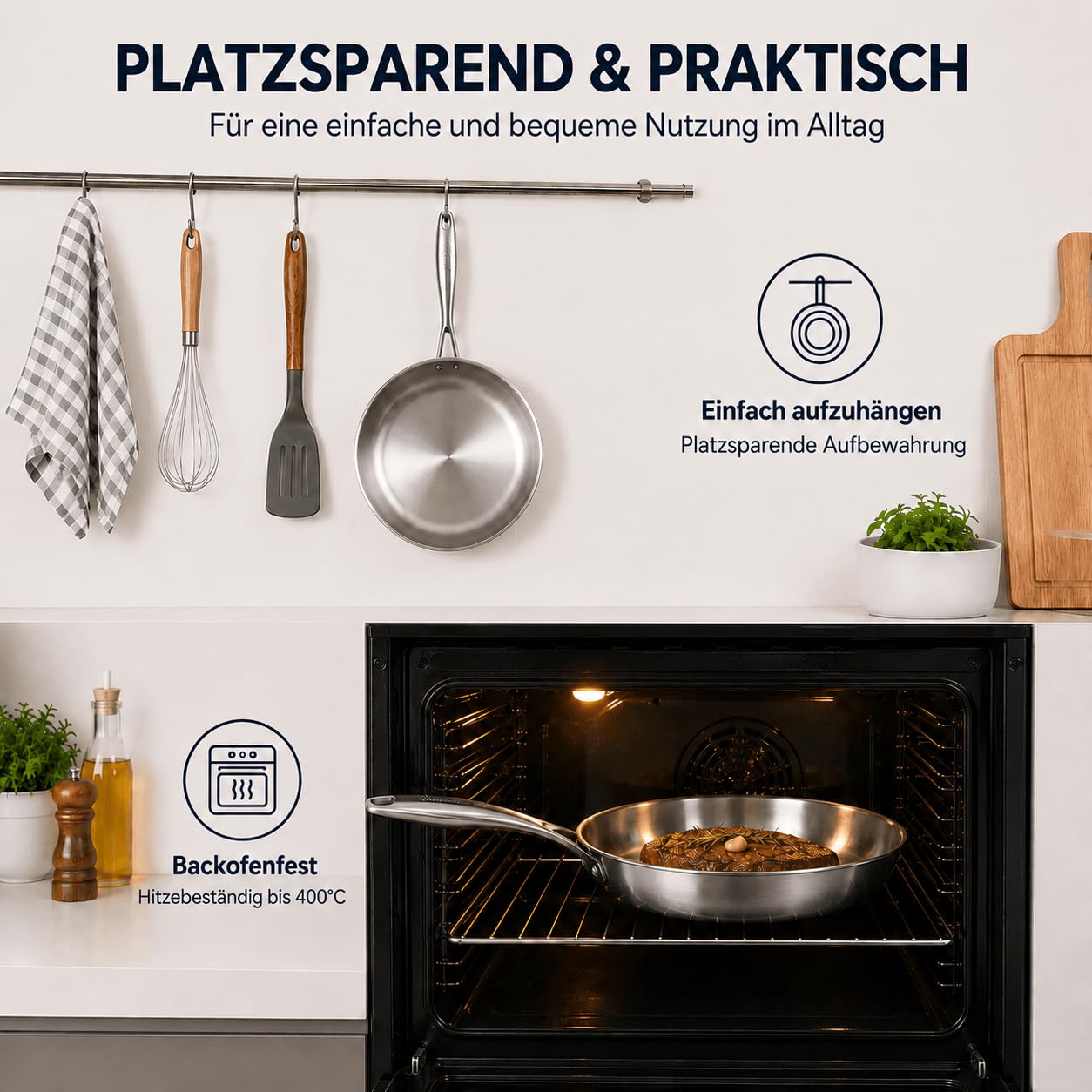 Edelstahlpfanne 30 cm mit Deckel, Durchgehend 3-lagig (3 mm) | Unbeschichtet Bratpfanne, Energieeffizient, für Induktion, Backofenfest bis 400°C, Geeignet für Steaks, Hähnchenbrust