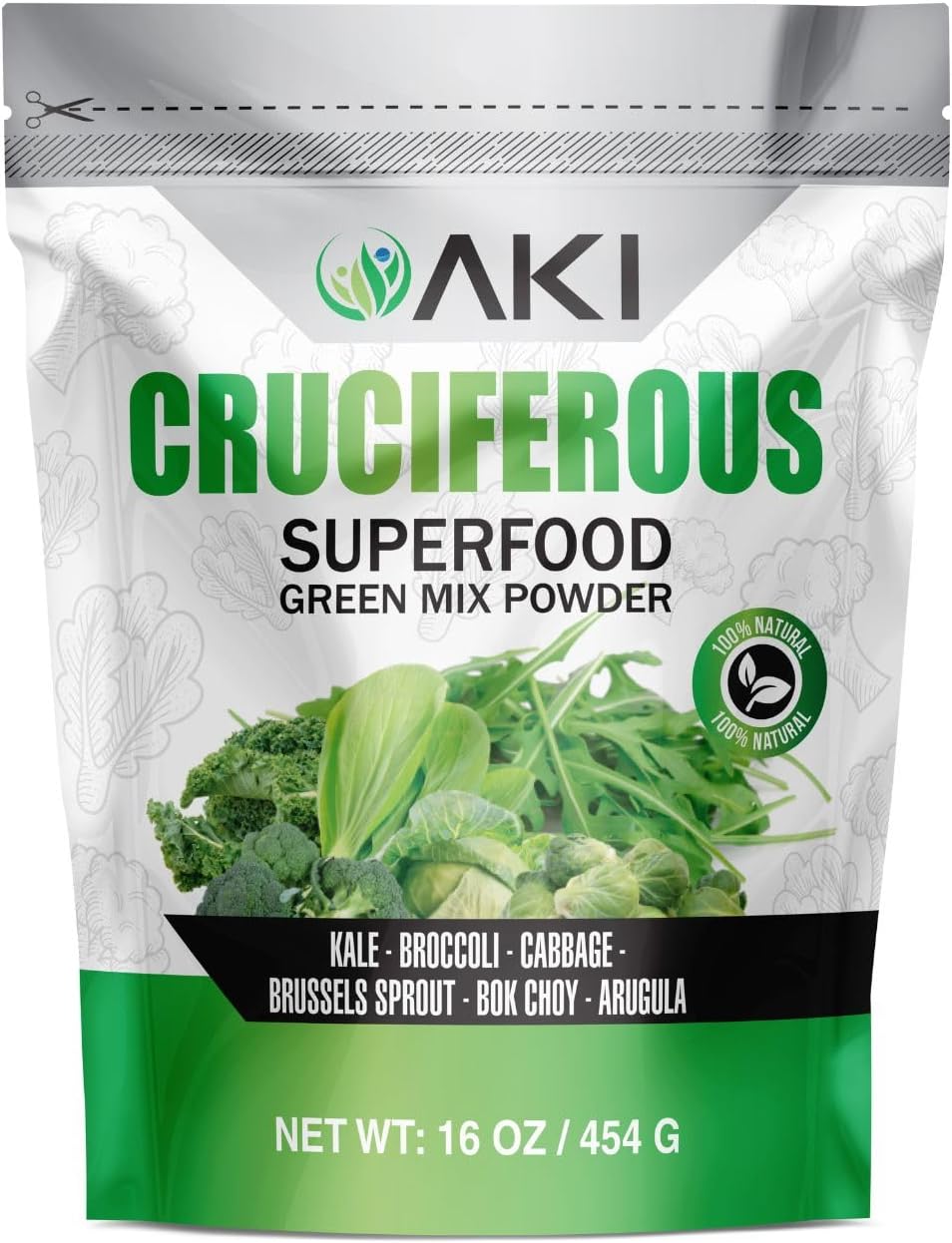 AKI Cruciferous Superfood Green Mix Powder - Made from Kale, Broccoli, Brussels Sprouts, Cabbage - Packed with Essential Phytonutrients & Vitamins ((5.3oz/150g))