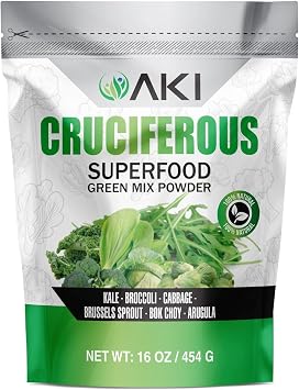 AKI Cruciferous Superfood Green Mix Powder - Made from Kale, Broccoli, Brussels Sprouts, Cabbage - Packed with Essential Phytonutrients & Vitamins 16oz/454g