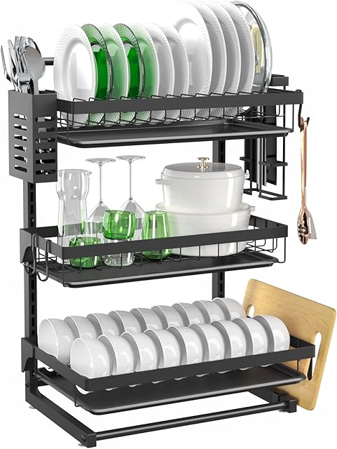 Dripex 3 Tier Dish Drainer Rack with Drip Tray, Adjustable Layers, Dish Drying Rack with Utensil Holder, Cutting Board Holder for Kitchen Countertop Organizer 36x22x54cm