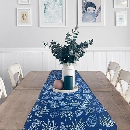 Akira Furnishings, 4/6 Seater Dining Table Runner, Cotton Canvas, Modern and Quirky, 12X72 Inches, Blue & White