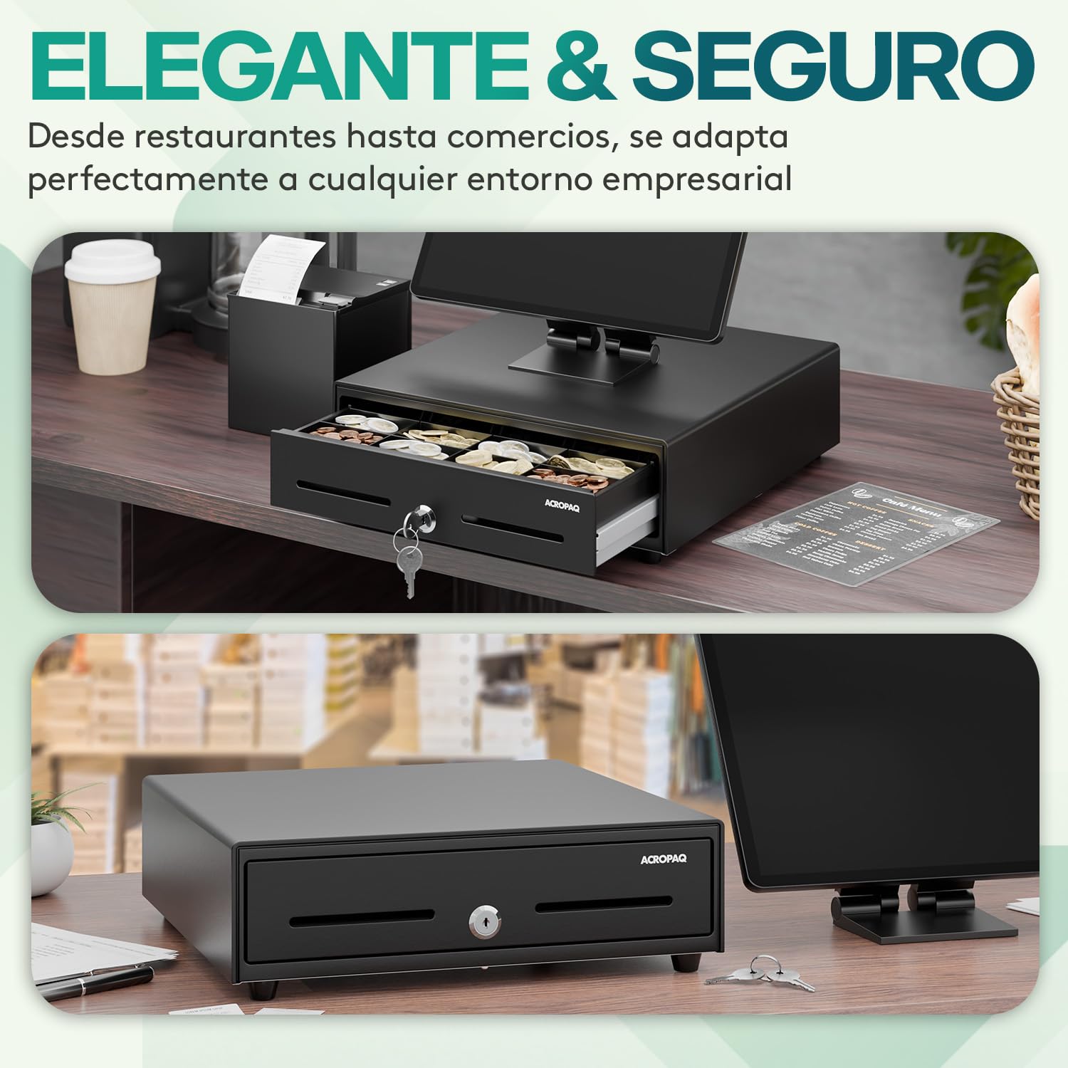 ACROPAQ Cajón portamonedas - Compatible con caja registradora RJ11, 4 compartimentos monedas y 8 billetes, (34 x 33 x 10 cm) Carcasa de metal resistente, Cajón metálico con inserto extraíble