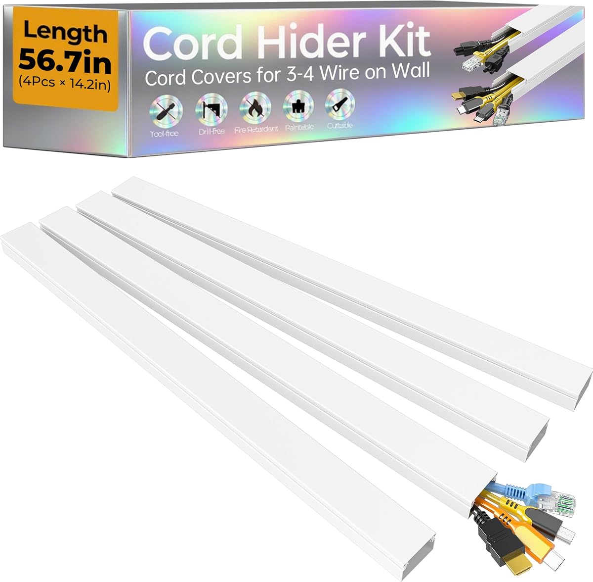 56.7in Cable Hider Cord Hider, Wire Covers for 3-4 Cords on Wall, Premium Cord Covers for Wires on Wall, Easy Set-up Wire Hider to Hide Tv Wires, Lamp, Speaker Cords, W1.18 H0.6in, White
