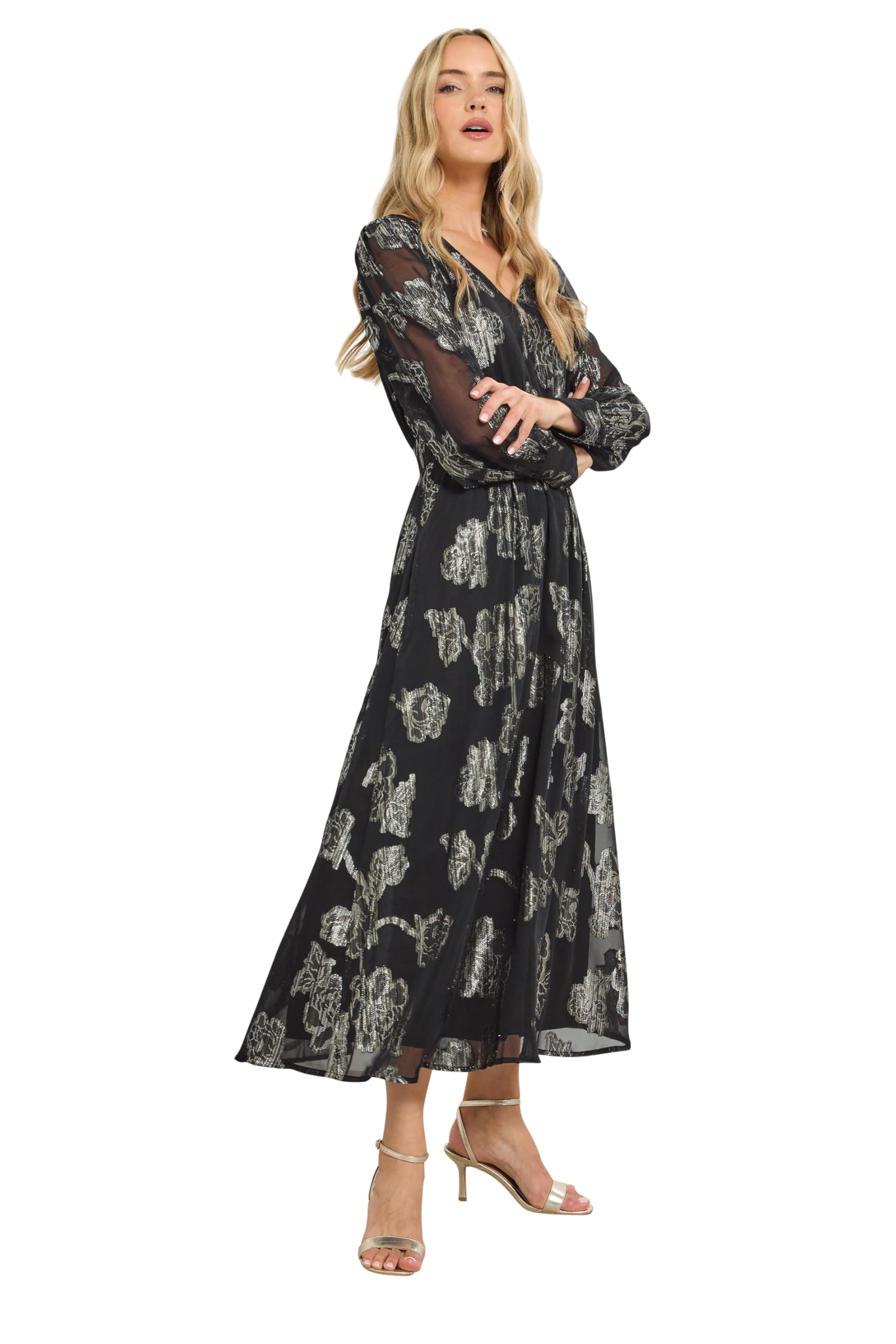 Lts Women's Black Tall & Gold Floral Jacquard Maxi Dress Size 20