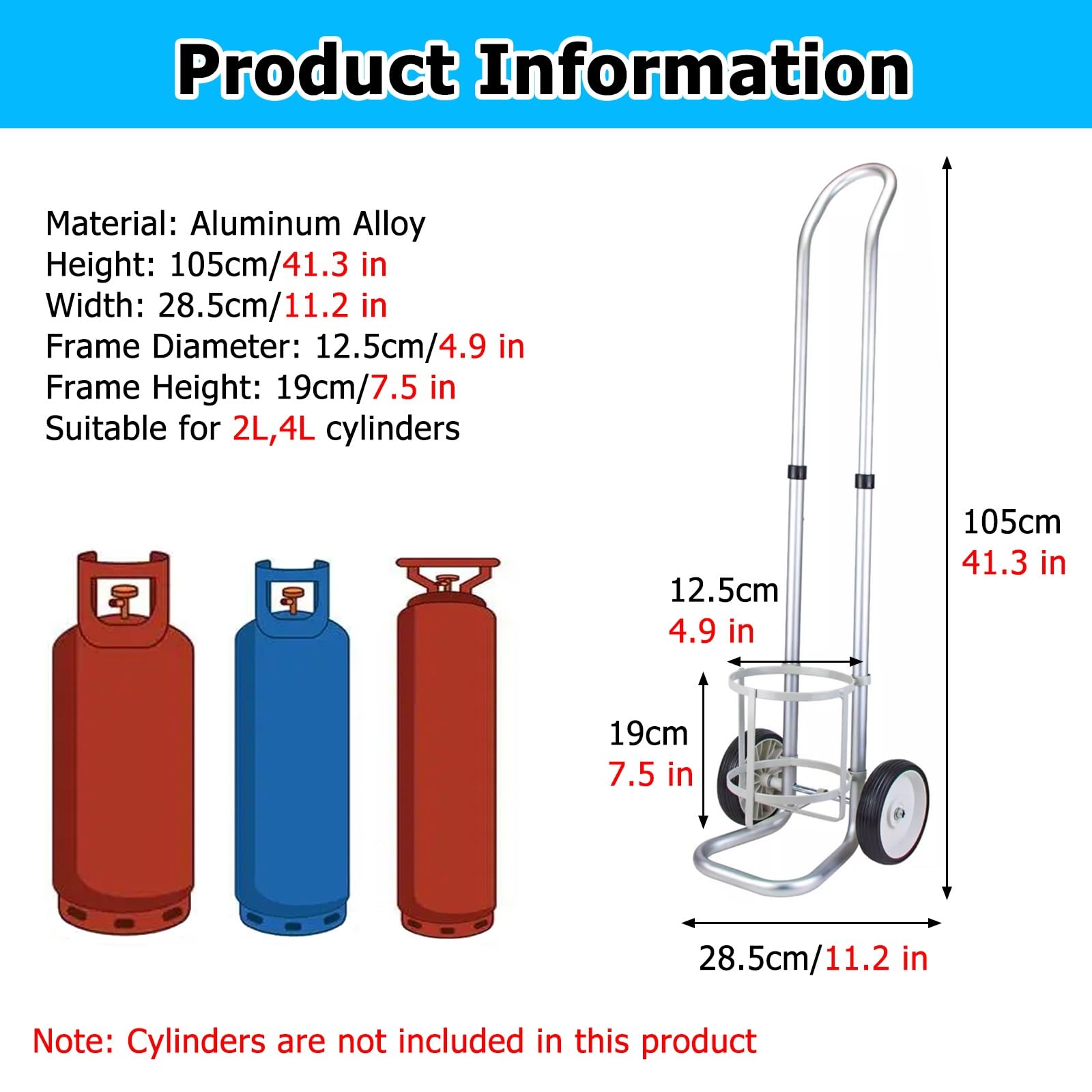 Genérico Carrito Ligero y Ajustable para bombonas con 2 Ruedas - Soporte móvil para bombonas de Gas de 2 a 10 l (Apto para 4,9-12,5 cm) - Plataforma Desmontable y portátil