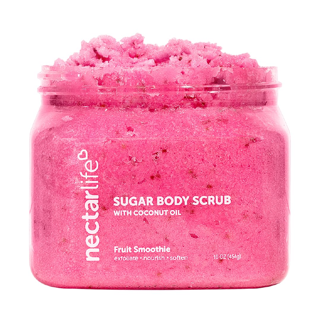 Nectar Life Exfoliating Sugar Scrub, Moisturizing Body Scrub with Coconut Oil & Shea Butter, Pre Shave Exfoliator (16 Ounce, Fruit Smoothie)