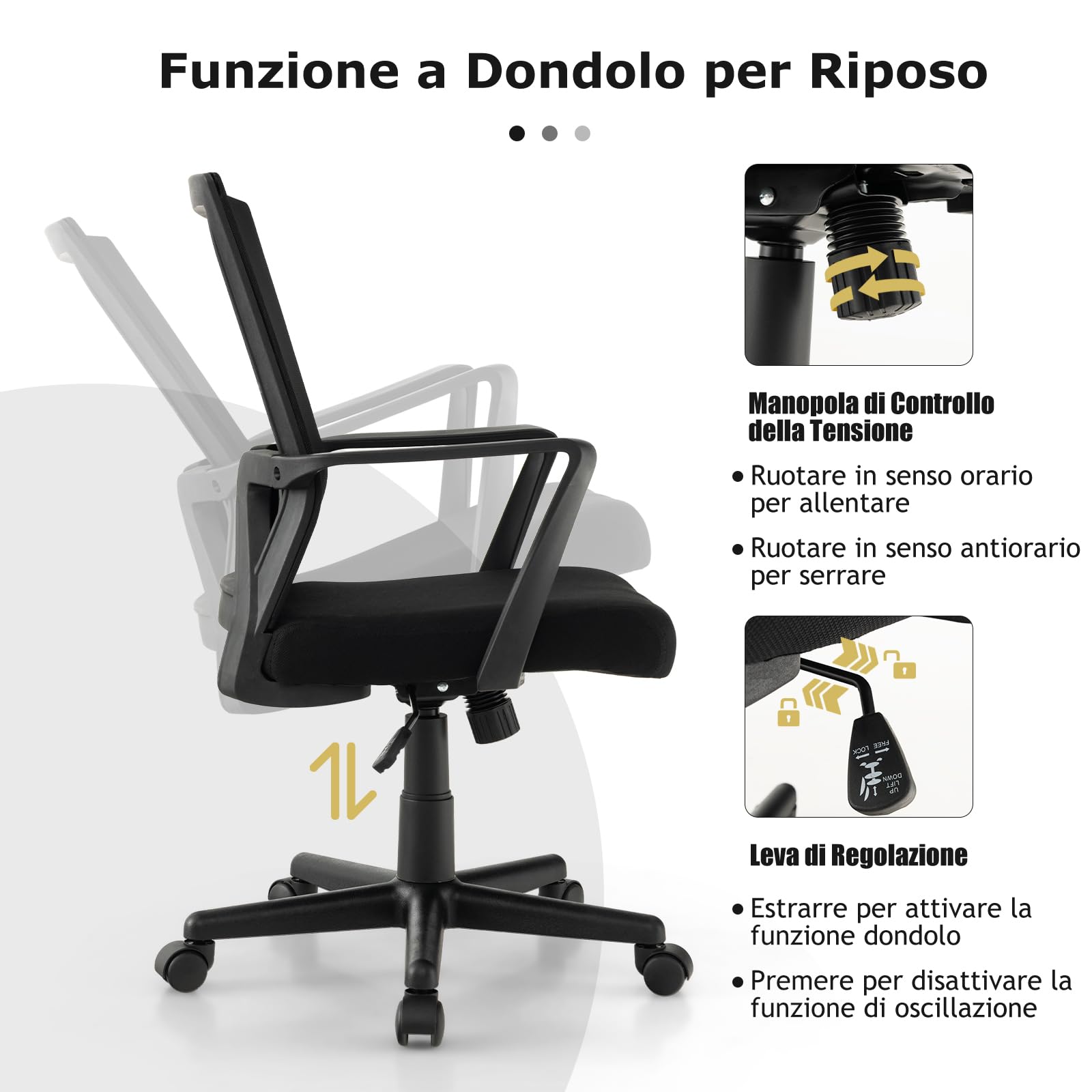 GYMAX Sedia da Ufficio Ergonomica Girevole a 360°, Sedie in Rete con Seduta Regolabile in Altezza (43-53cm) & Schienale Inclinabile (90-110°), Sedia da Scrivania per Studio, Lavoro & Relax