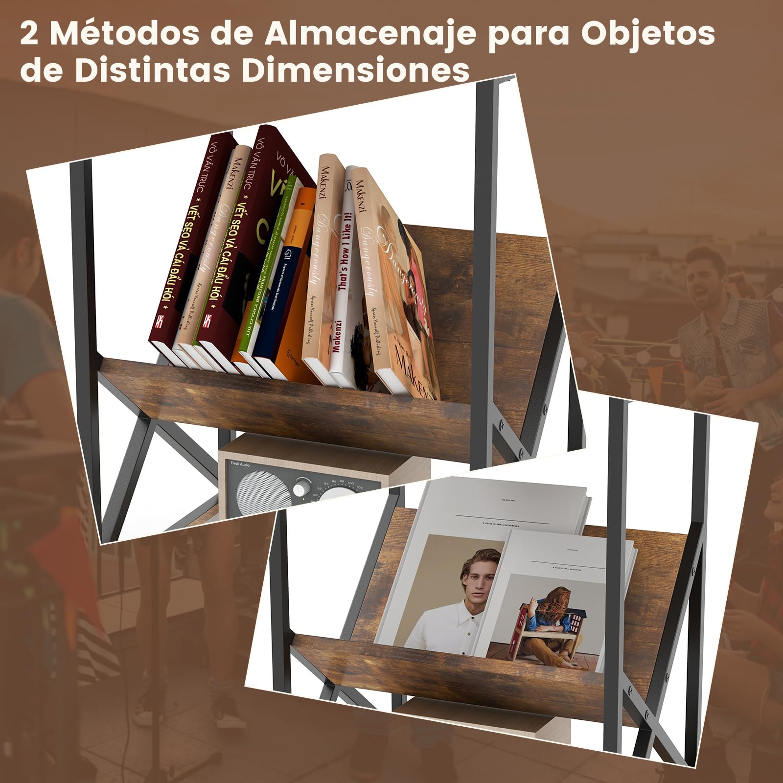 COSTWAY Mesa Auxiliar de 3 Niveles, Mesa Tocadiscos con Revistero para Vinilos Pequeños y Medianos, Marco de Metal en Forma de X y Almohadillas Ajustables, Mueble Tocadiscos Vinilos, 40 x 30 x 61 cm