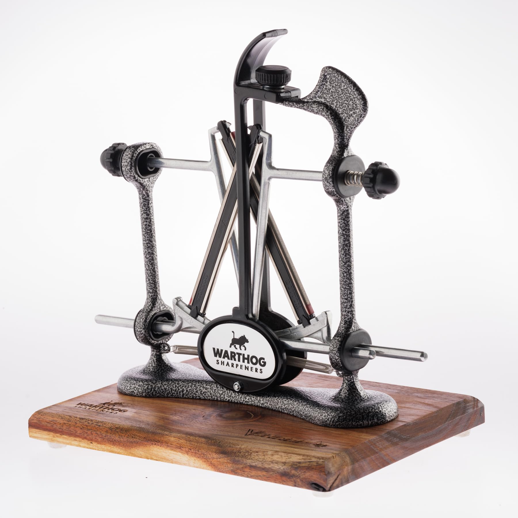 Warthog Sharpeners V-Sharp A4 ELITE Messerschärfer Anthrazit, mit 4 verschiedenen Schleifwinkel – hochwertigem Holzstandfuß - Messerschleifer für Jagdmesser, Küchenmesser, Schnitzmesser, uvm.
