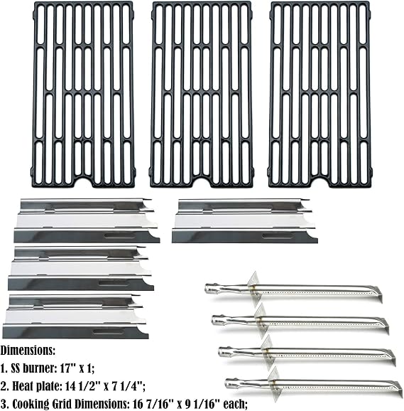 Parts Kit DG207 Replacement for select Vermont Castings grills, 17 Burner 4pcs, 14 1/2 x 7 1/4 Heat Plates 4pcs, set of 3 Cooking Grill Grids, 16 7/16 x 9 1/16 each grid