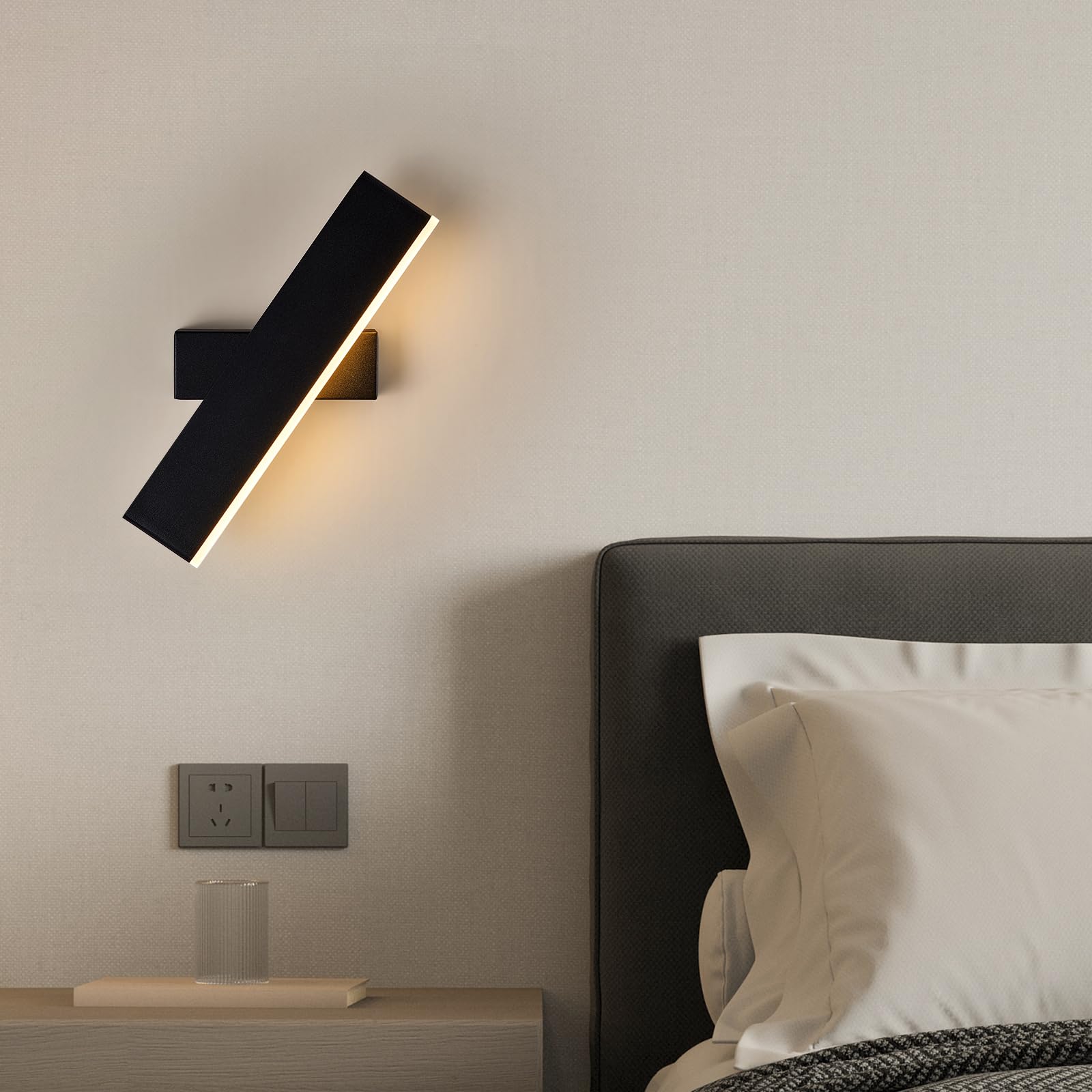 9W Aplique de pared Interior, Giratoria de 360 ° | Lámpara de Pared Moderna, Luz de Pared LED Negro para Dormitorio, Sala de Estar, Pasillo, Escaleras, Blanca Cálida