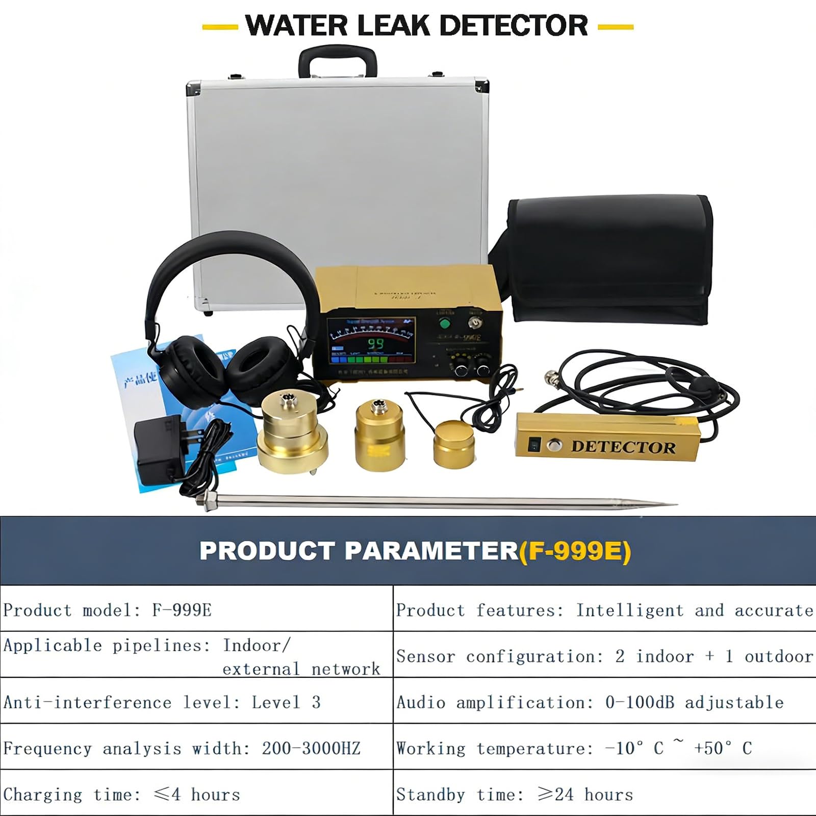 Détecteur de Fuite d’Eau – Outil Professionnel pour Canalisations Souterraines, 4 Fréquences Réglables, Contrôle du Volume, LCD et Sonde d’Humidité pour Tuyaux Intérieurs et Extérieurs F999E
