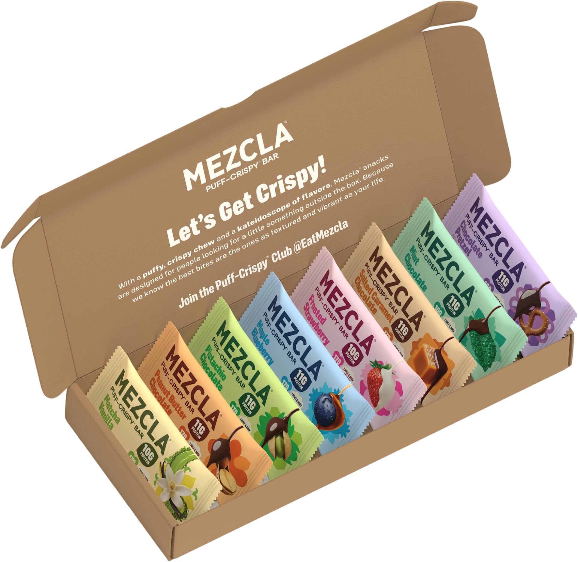 Mezcla Puff-Crispy Plant Based Protein Bars - Variety Pack - Healthy Snacks for Adults & Kids - Granola Bars for School, Travel, & Office Snacks - Gluten Free, Vegan, Non GMO, 10g Protein - 8 Count
