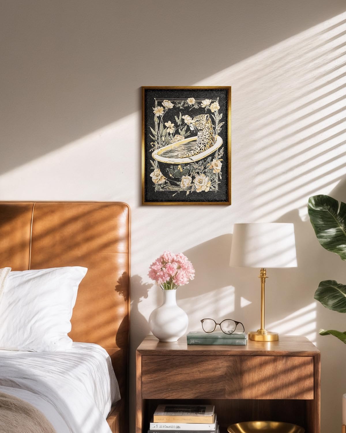 Embossed Gold Foil Lines Leopard in Bathtub with Flowers Framed Canvas Wall Art, 12x16 Animal Floral Print Sandstone Textured 3D Artwork, Modern Rustic Painting Bathroom Room Home Decor